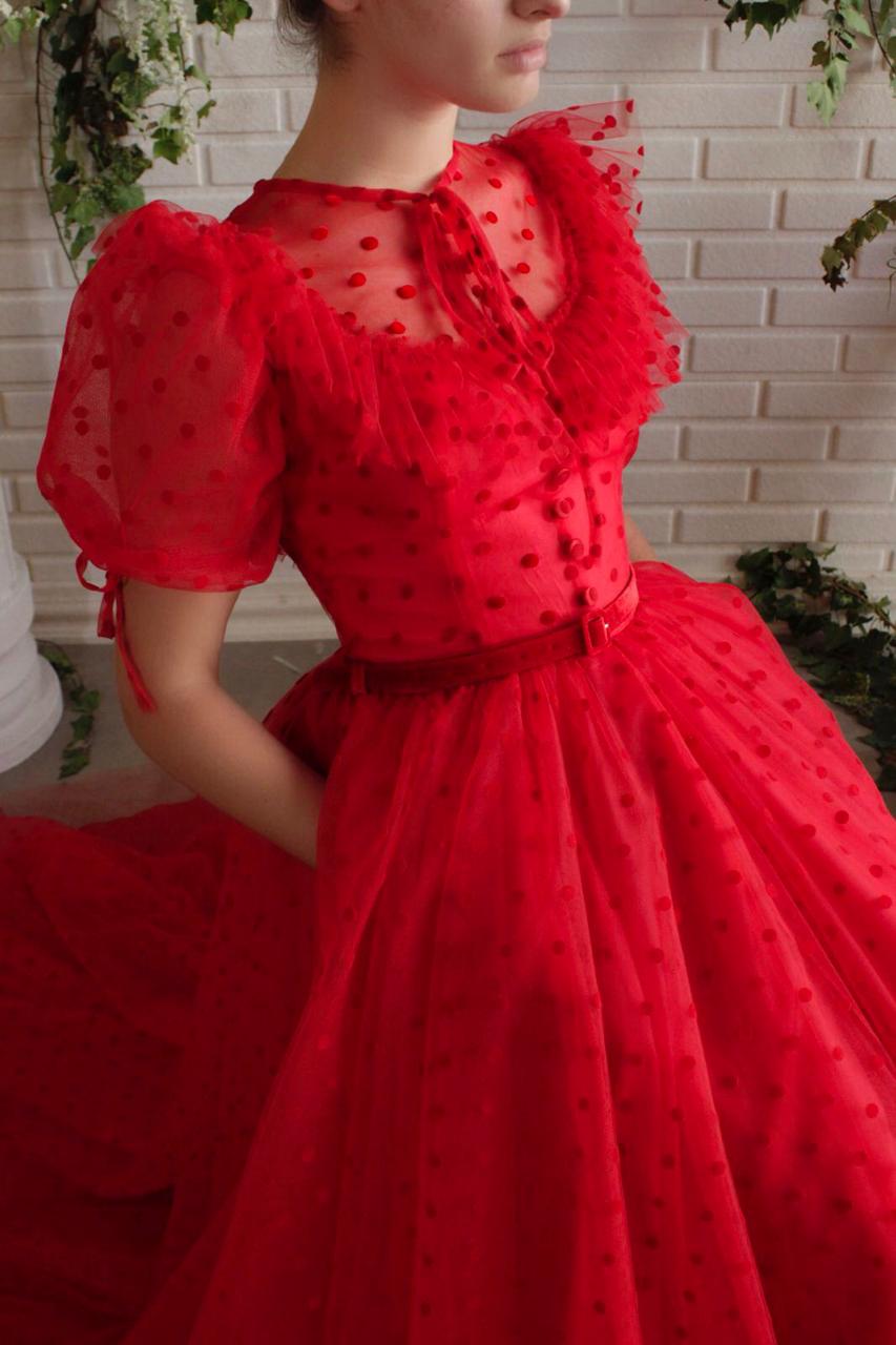 Red A-Line dress with short sleeves and belt
