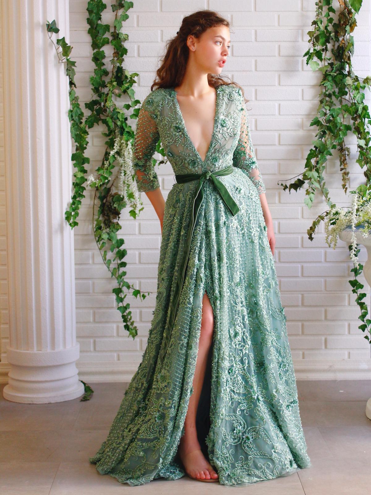 Green A-Line dress with lace, long sleeves and v-neck