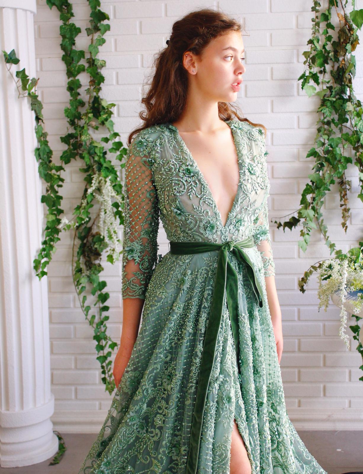 Green A-Line dress with lace, long sleeves and v-neck