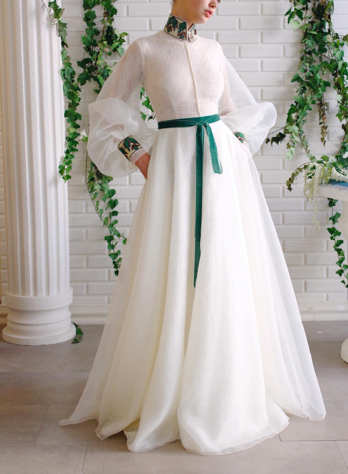 White A-Line dress with long sleeves and embroidery