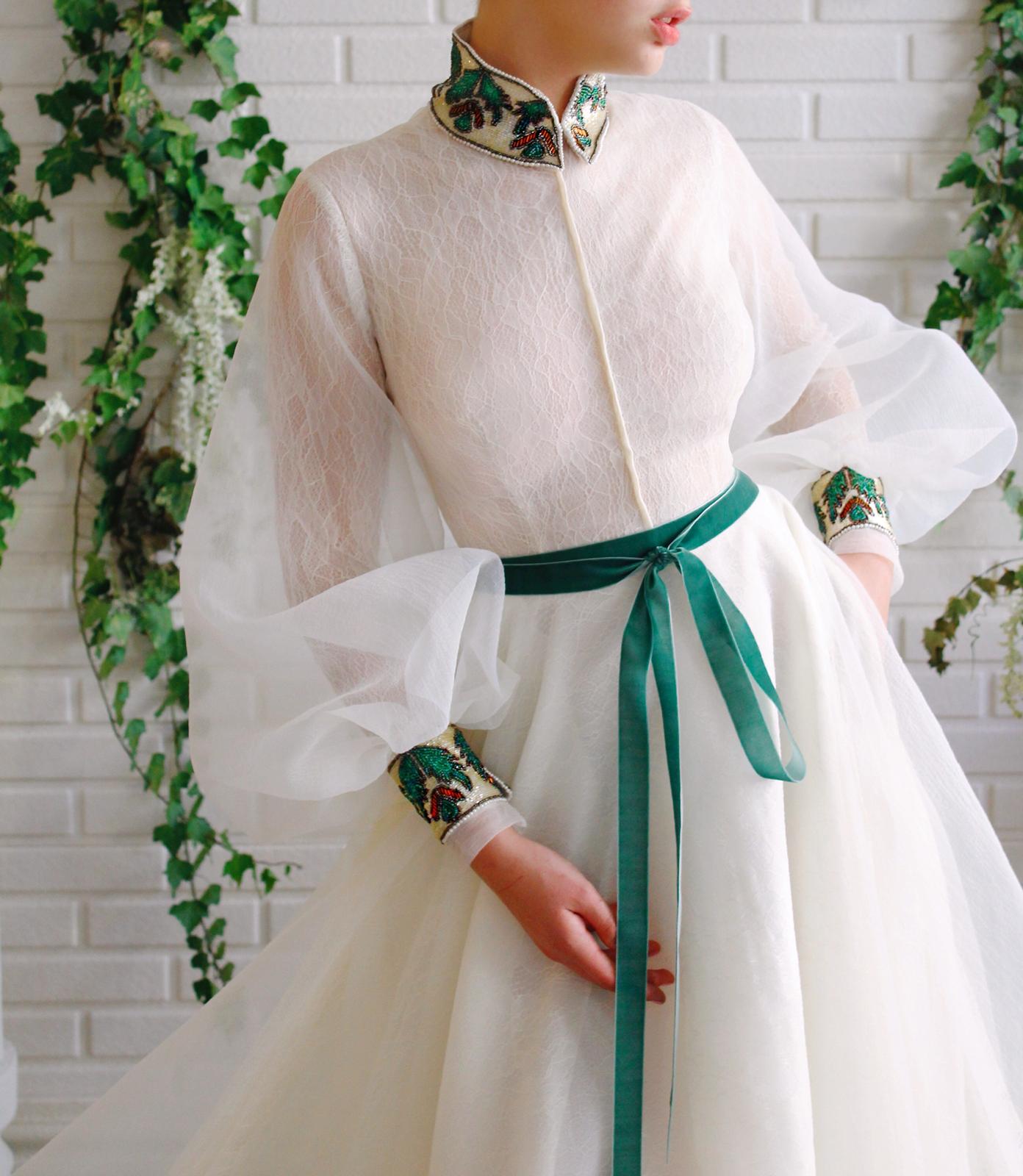 White A-Line dress with long sleeves and embroidery