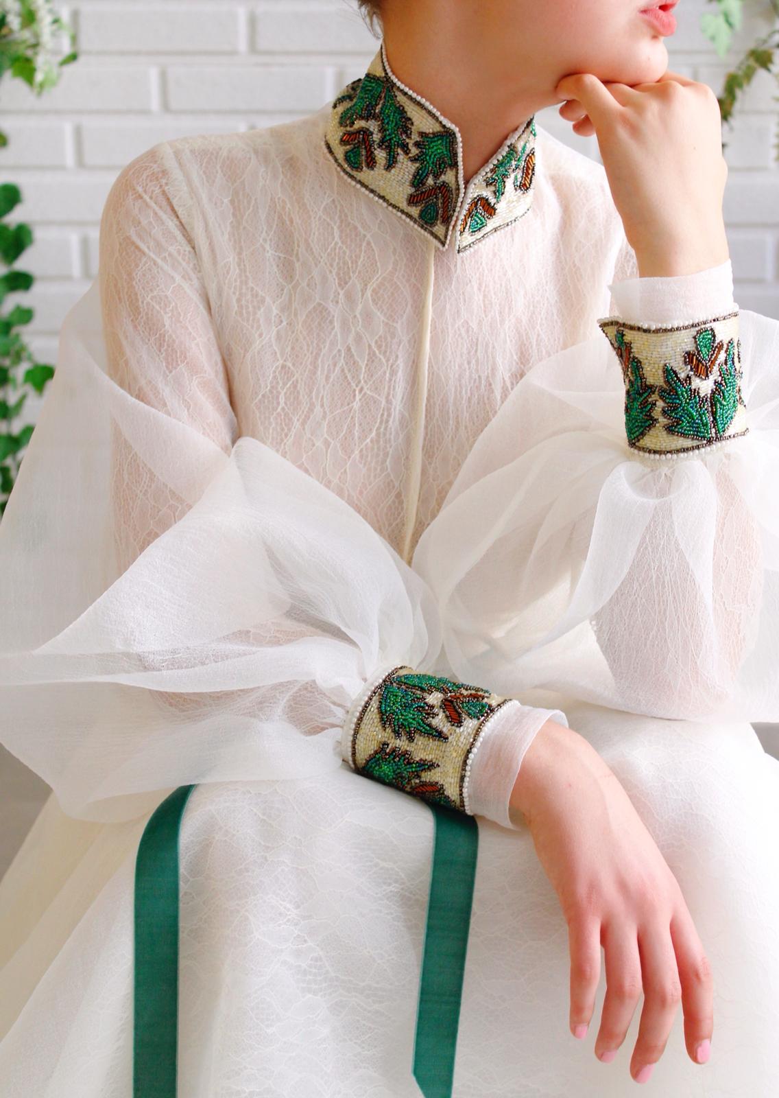 White A-Line dress with long sleeves and embroidery