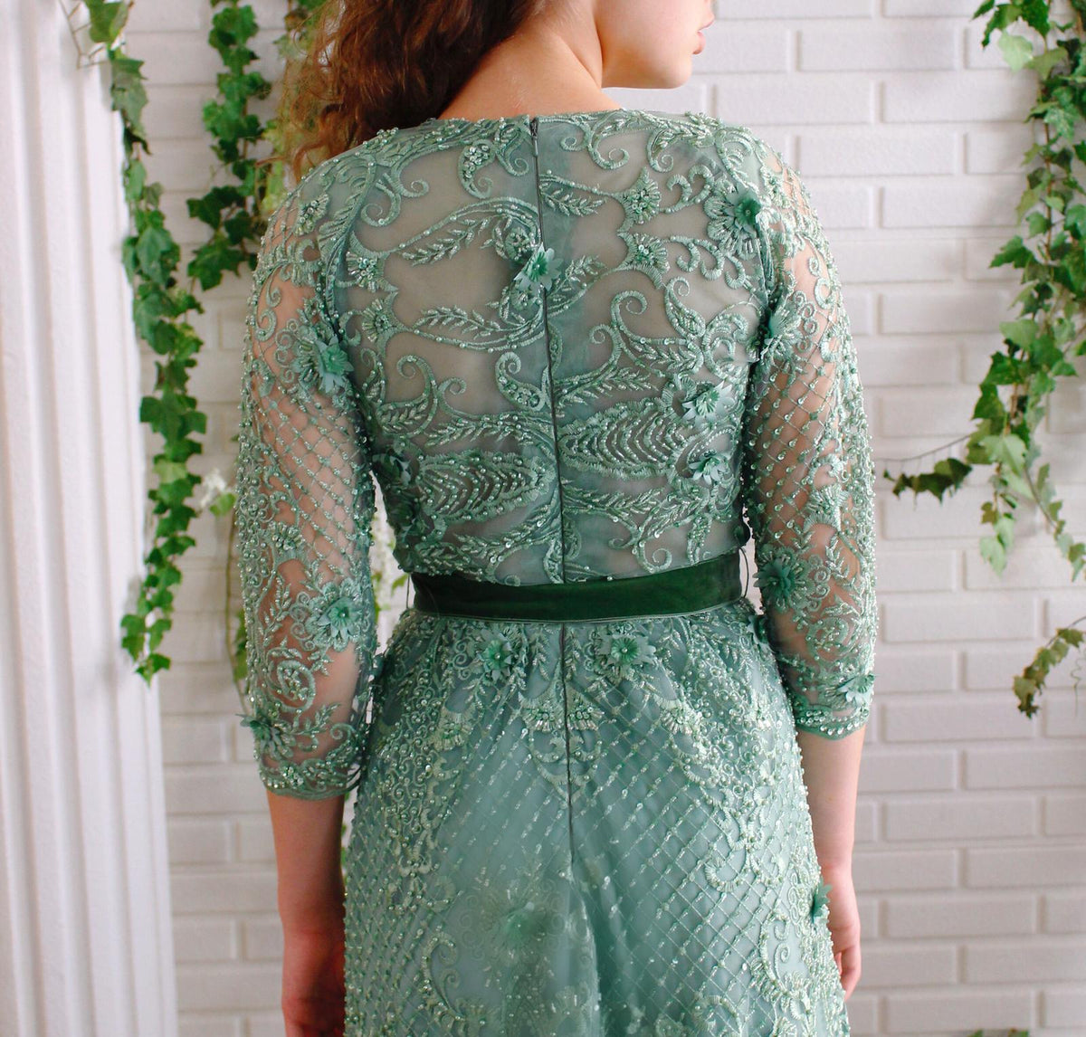 Green A-Line dress with lace, long sleeves and v-neck