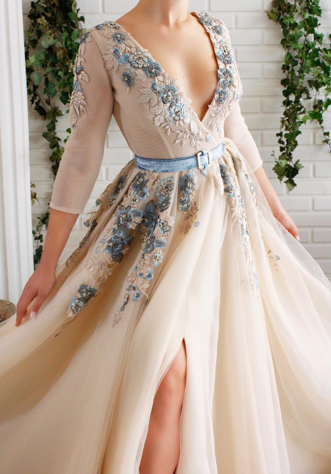 Beige A-Line dress with long sleeves, embroidery, belt and v-neck