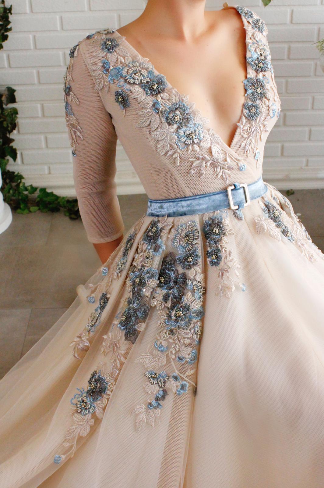 Beige A-Line dress with long sleeves, embroidery, belt and v-neck