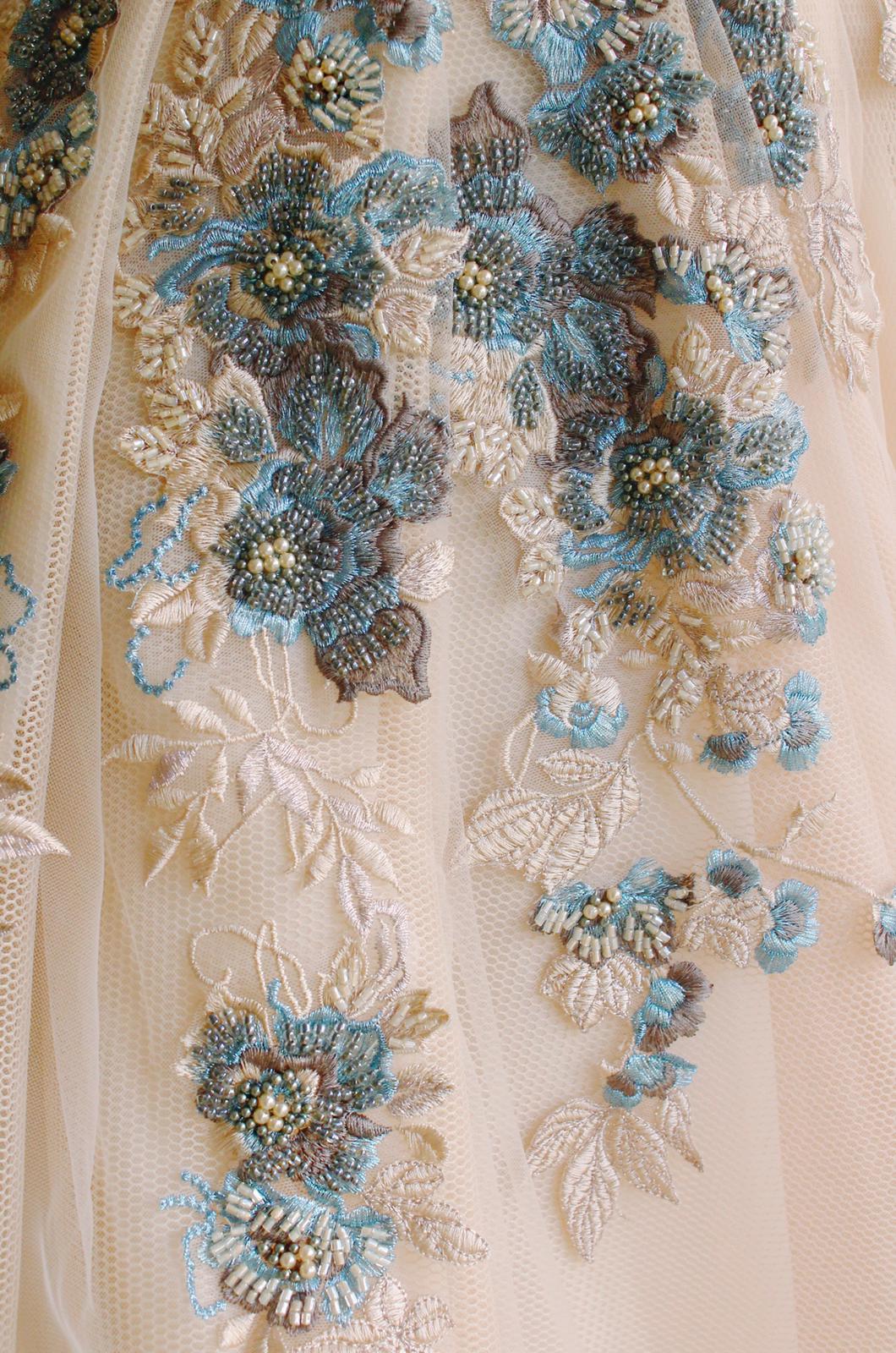 Beige A-Line dress with long sleeves, embroidery, belt and v-neck