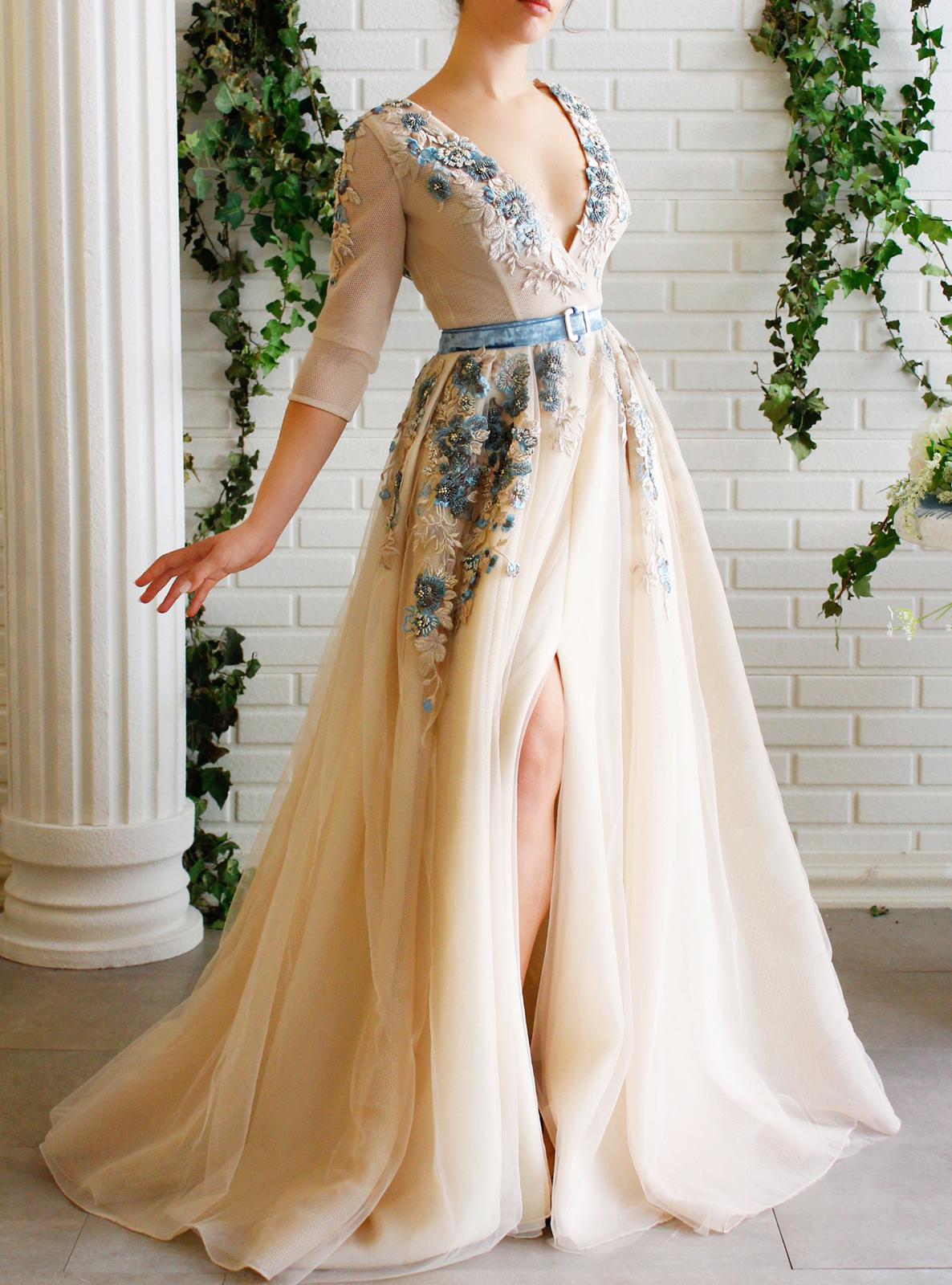 Beige A-Line dress with long sleeves, embroidery, belt and v-neck