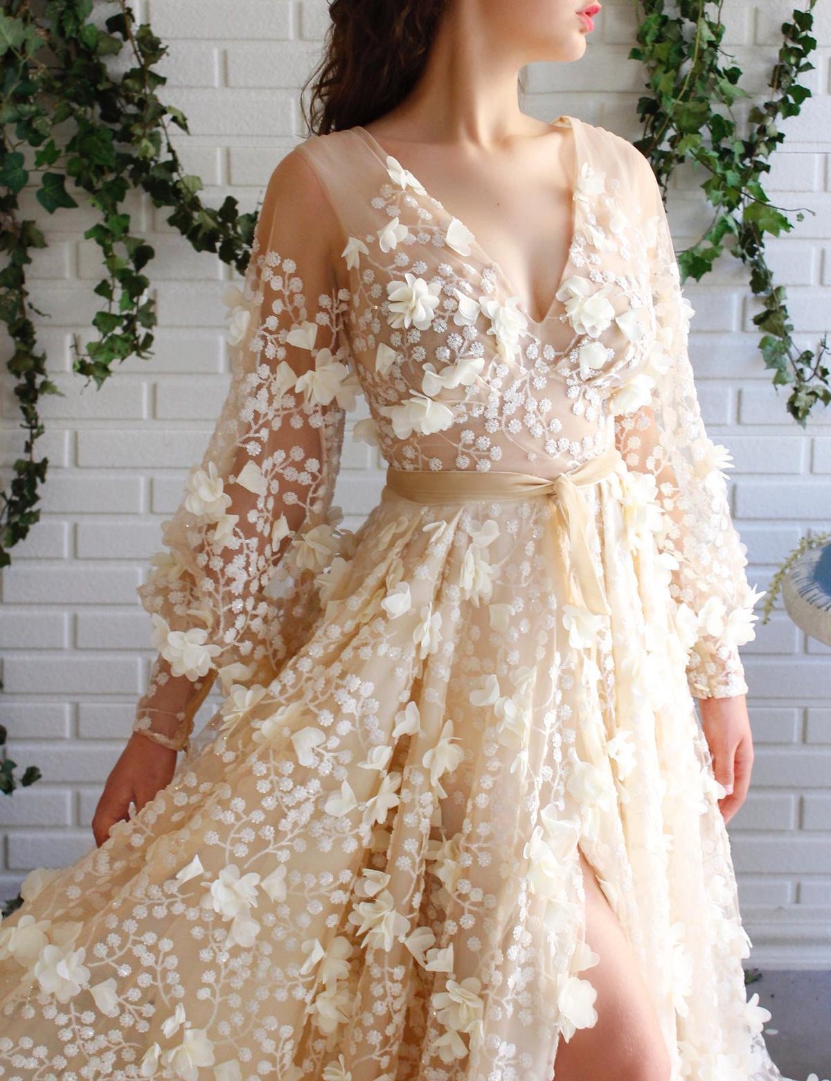 Beige A-Line dress with v-neck, long sleeves and embroidery