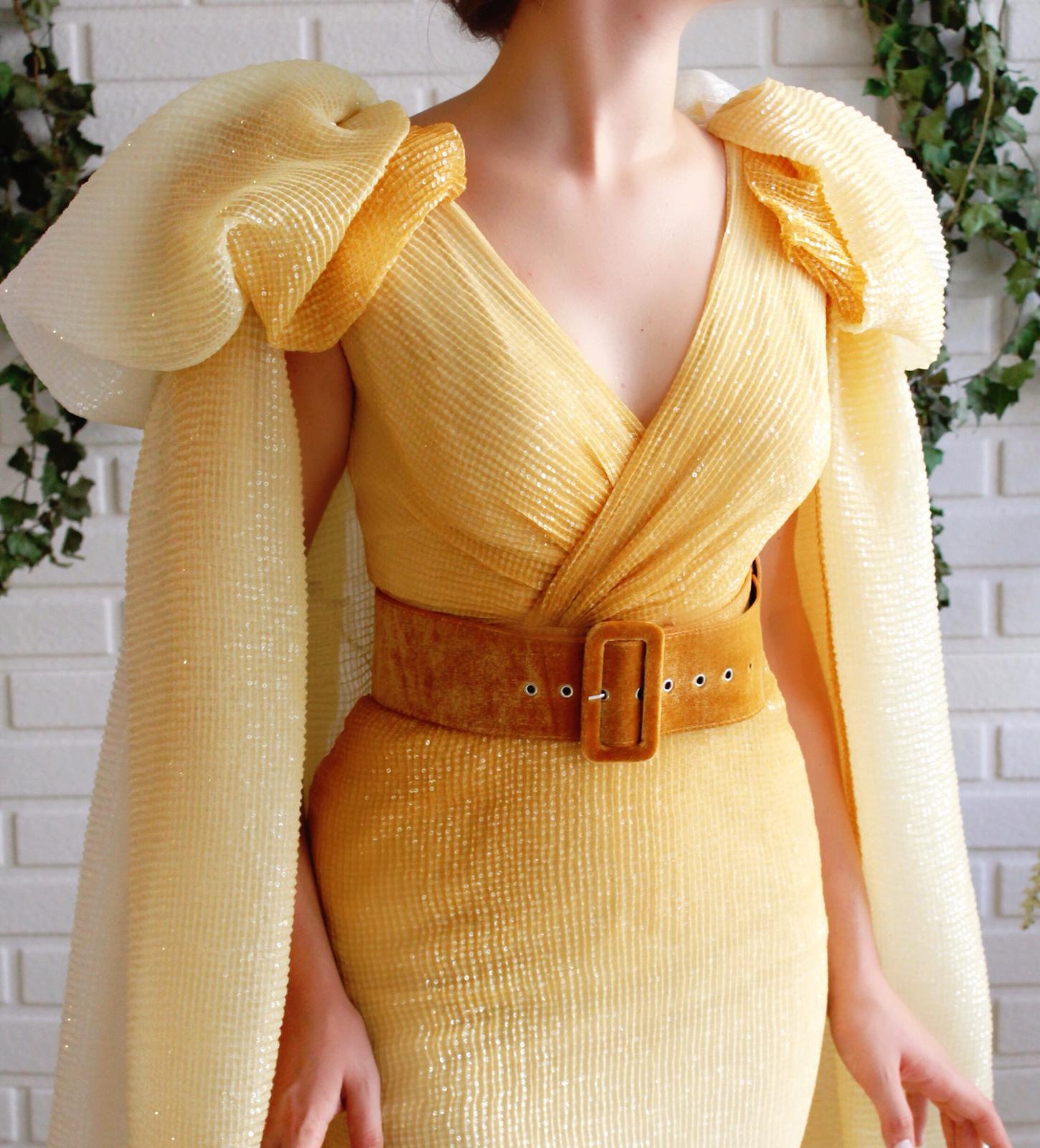 Yellow mermaid dress with cape and belt