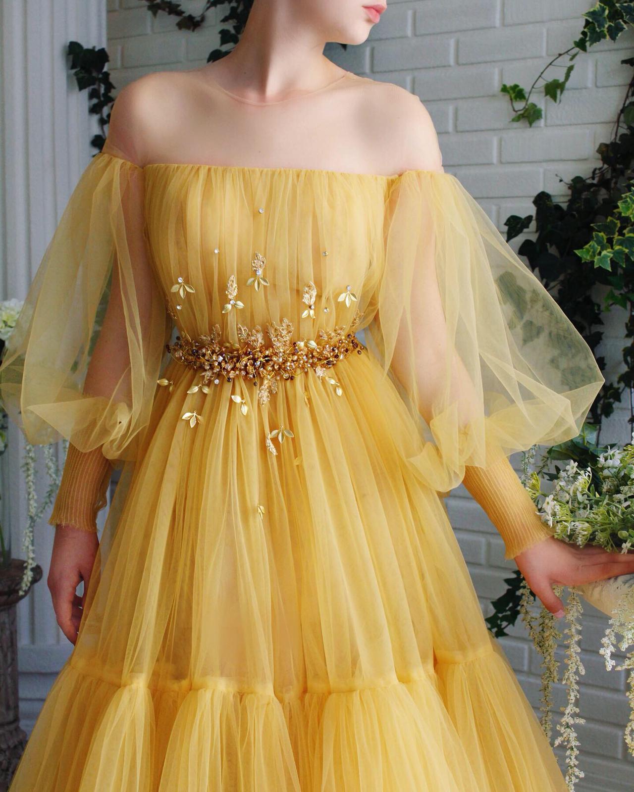 Yellow A-Line dress with embroidery and off the shoulder sleeves