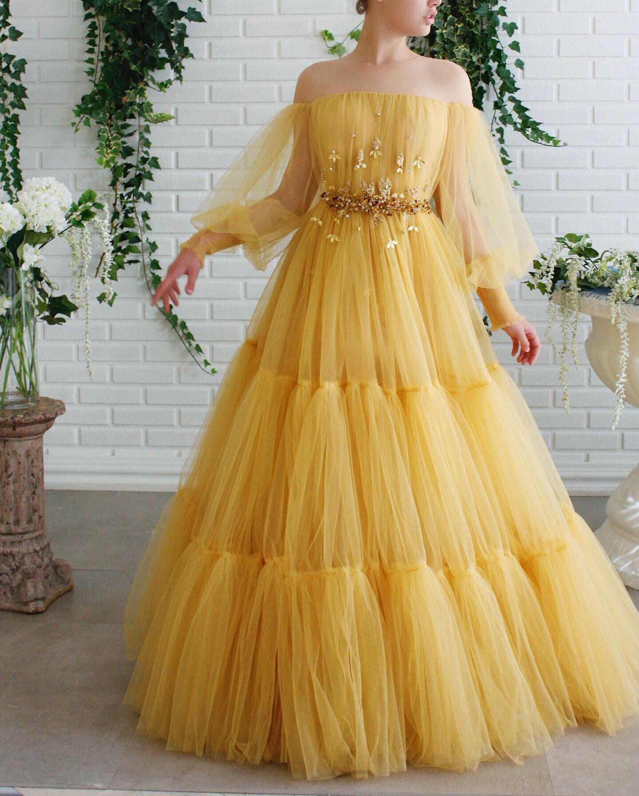 Yellow A-Line dress with embroidery and off the shoulder sleeves