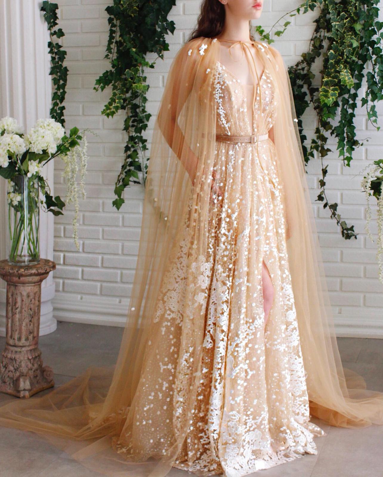 Beige A-Line dress with cape and embroidery