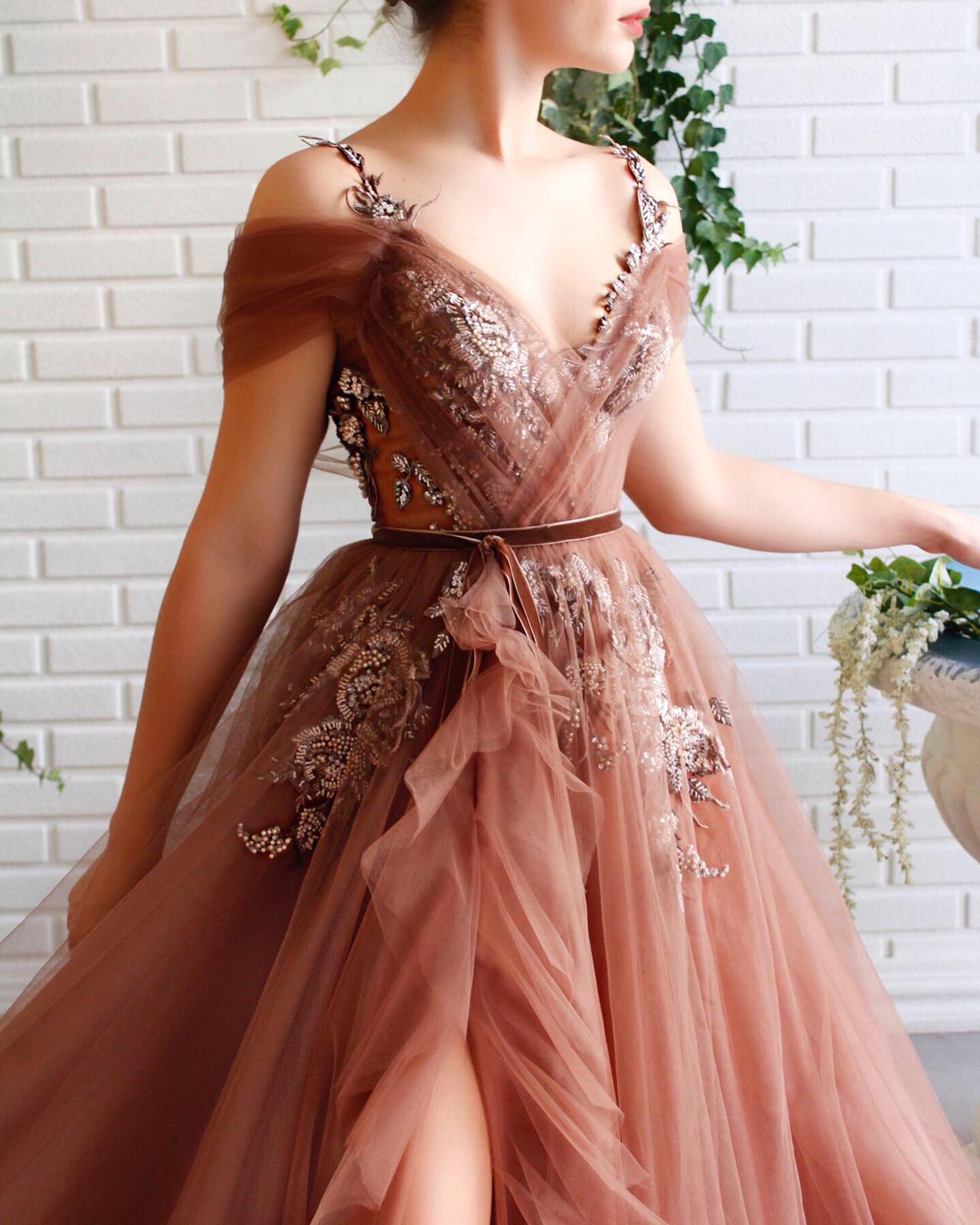 Brown A-Line dress with off the shoulder sleeves, spaghetti straps and embroidery
