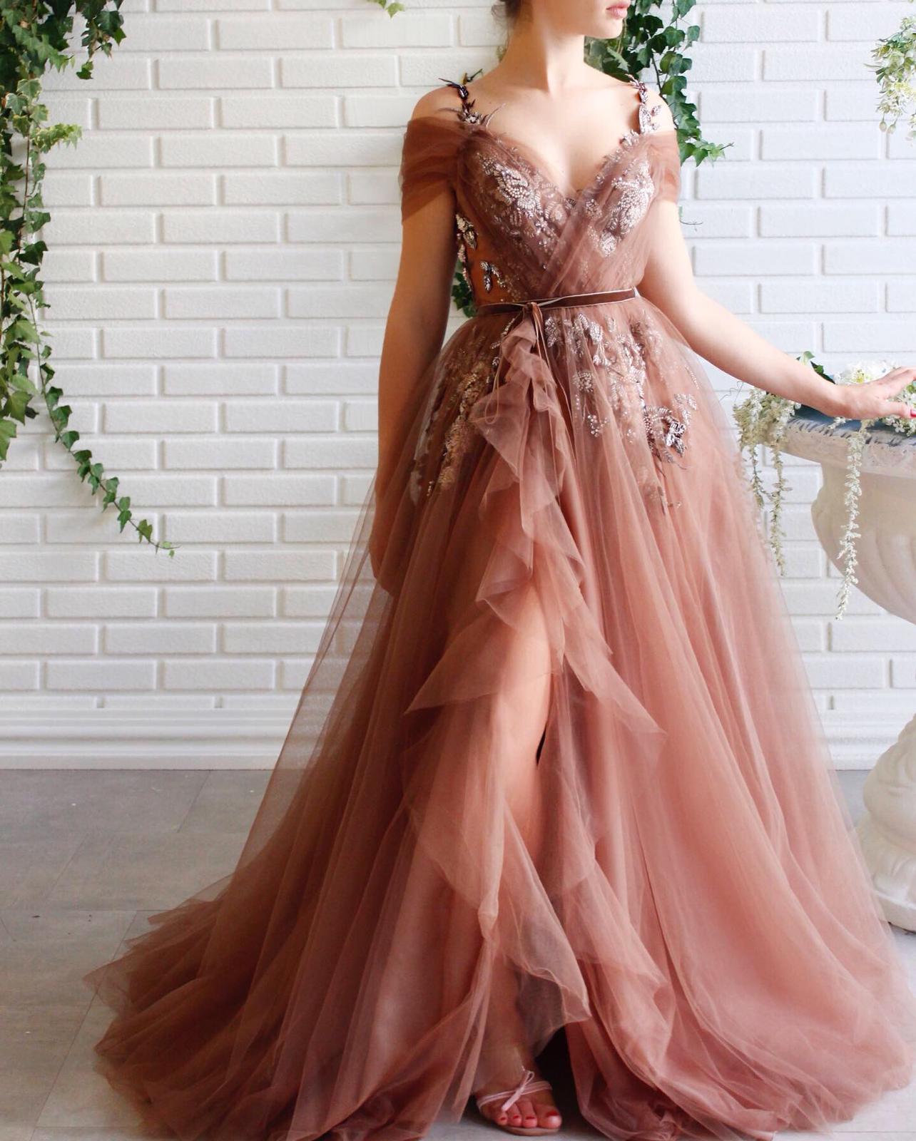 Brown A-Line dress with off the shoulder sleeves, spaghetti straps and embroidery