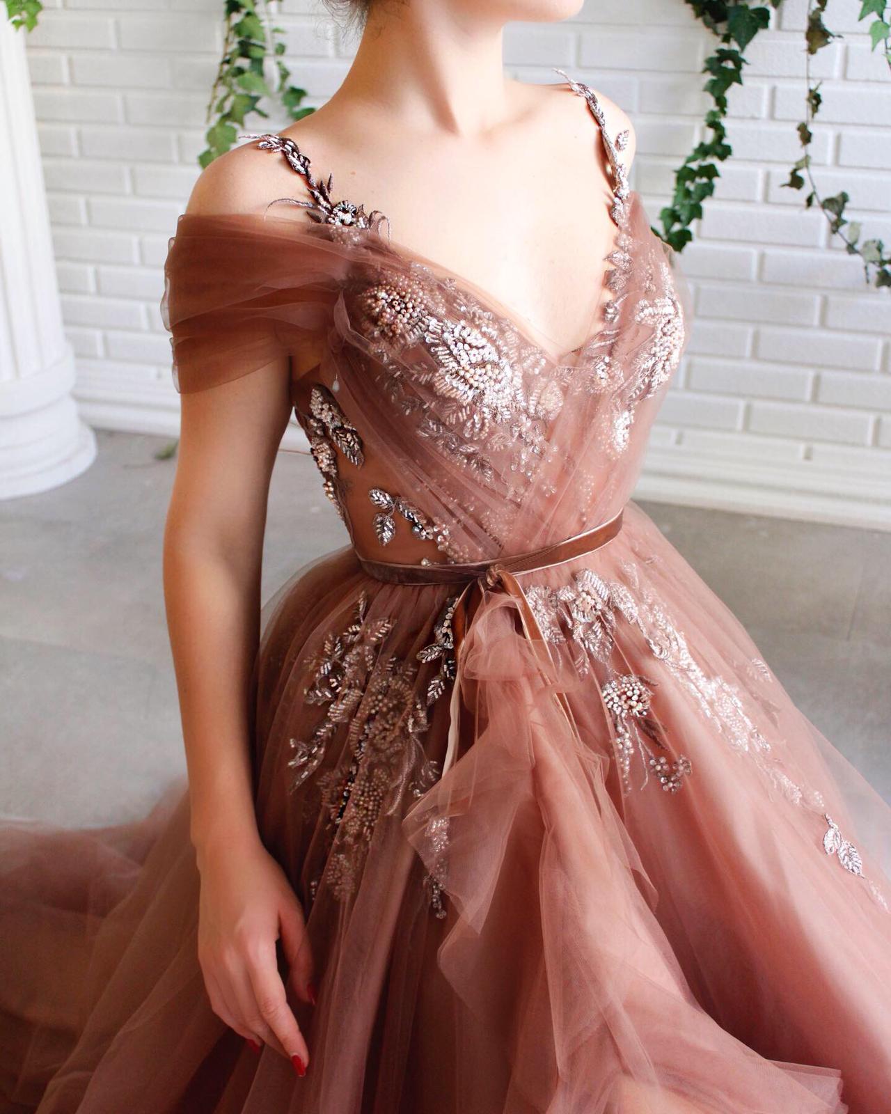 Brown A-Line dress with off the shoulder sleeves, spaghetti straps and embroidery