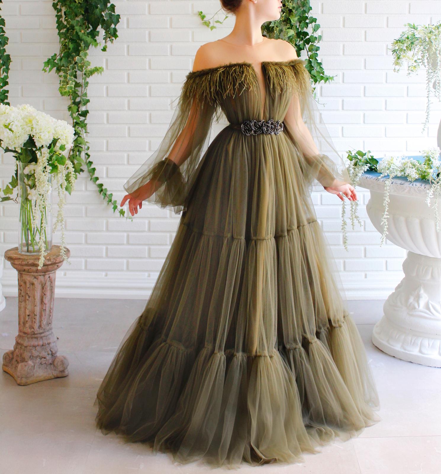Green A-Line dress with off the shoulder sleeves, embroidery and feathers
