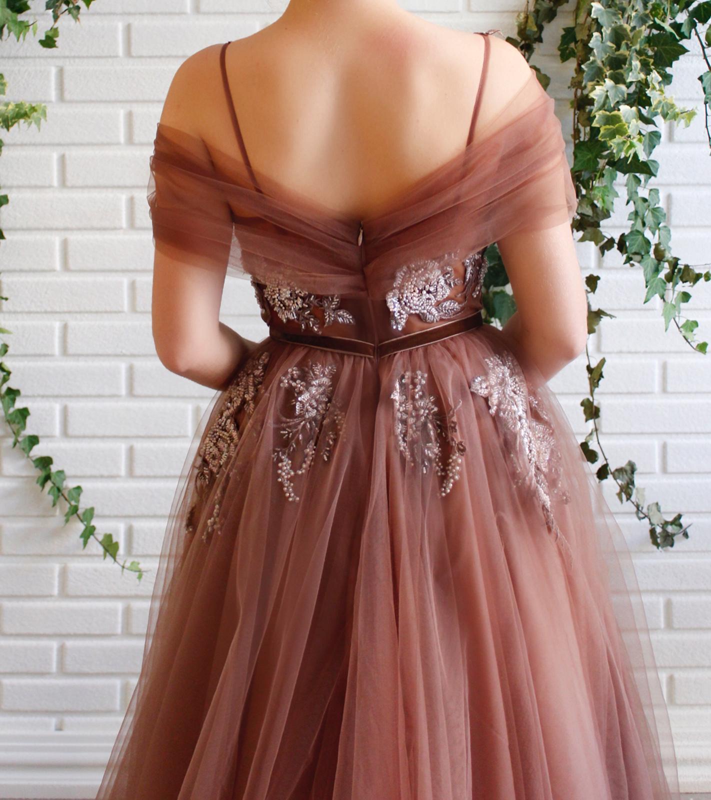 Brown A-Line dress with off the shoulder sleeves, spaghetti straps and embroidery