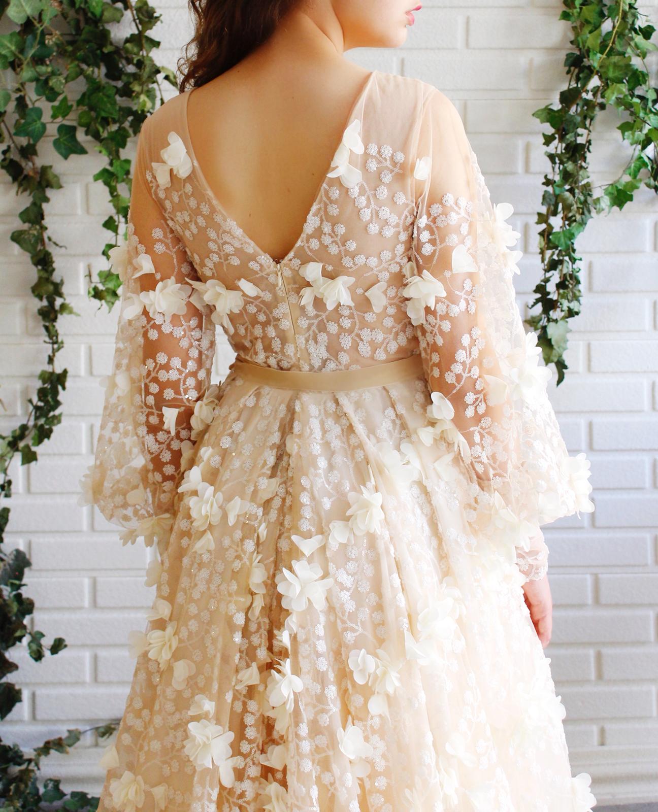 Beige A-Line dress with v-neck, long sleeves and embroidery