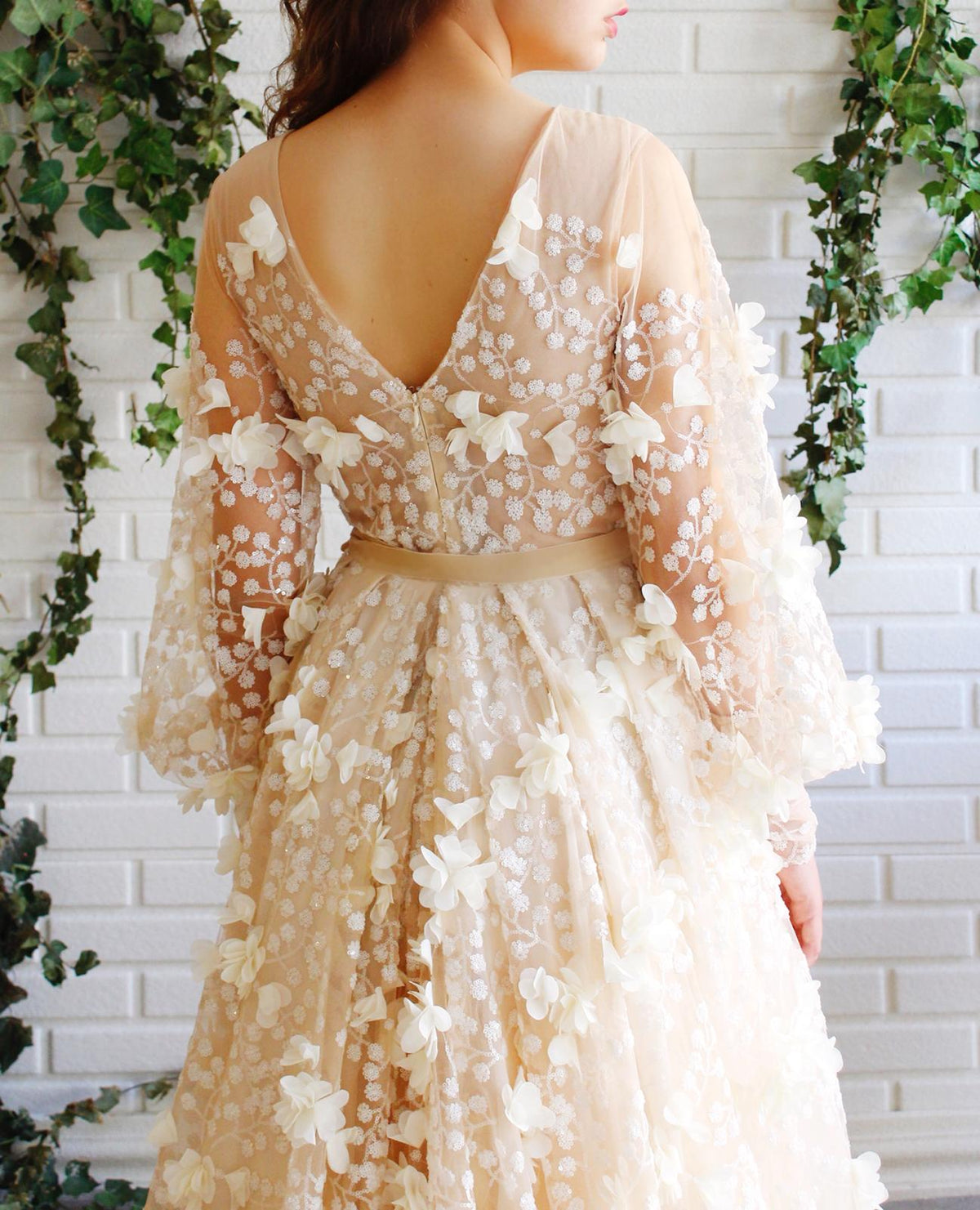 Beige A-Line dress with v-neck, long sleeves and embroidery