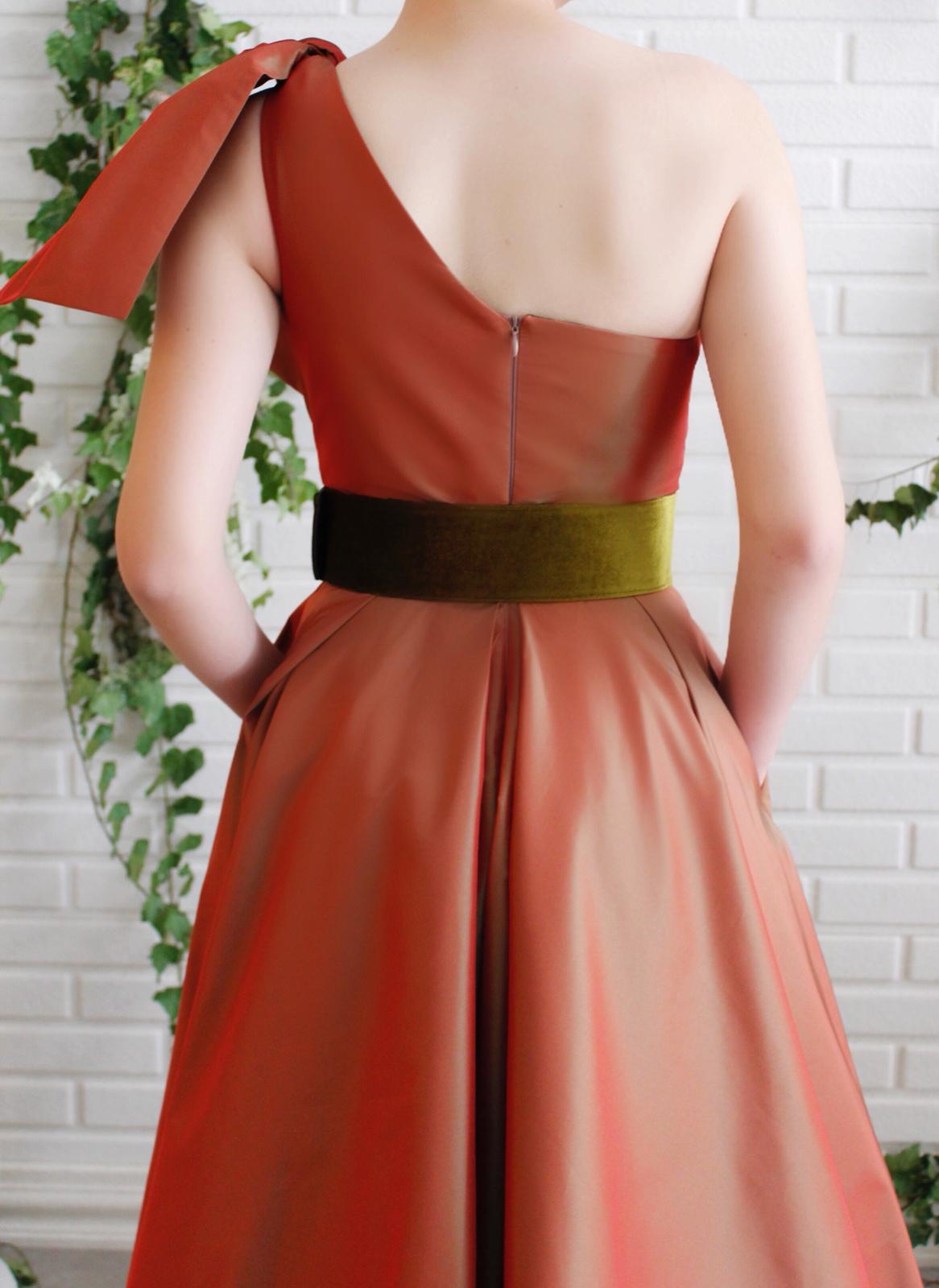 Red A-Line dress with belt and one shoulder sleeve