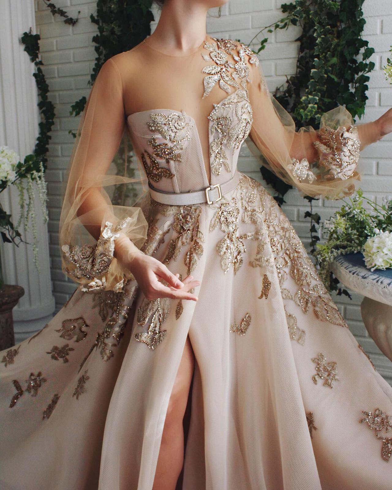 Beige A-Line dress with belt, long sleeves and embroidery