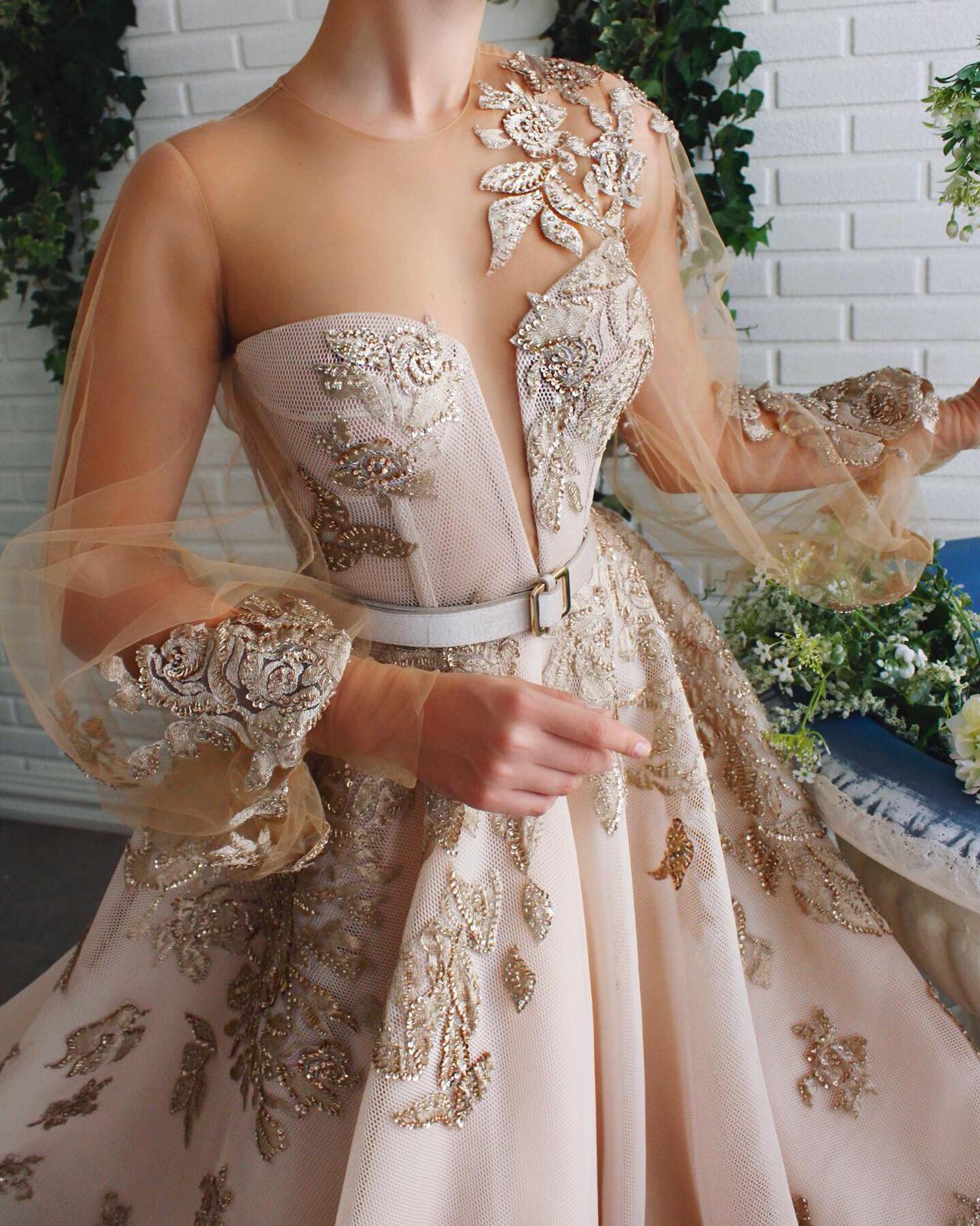 Beige A-Line dress with belt, long sleeves and embroidery