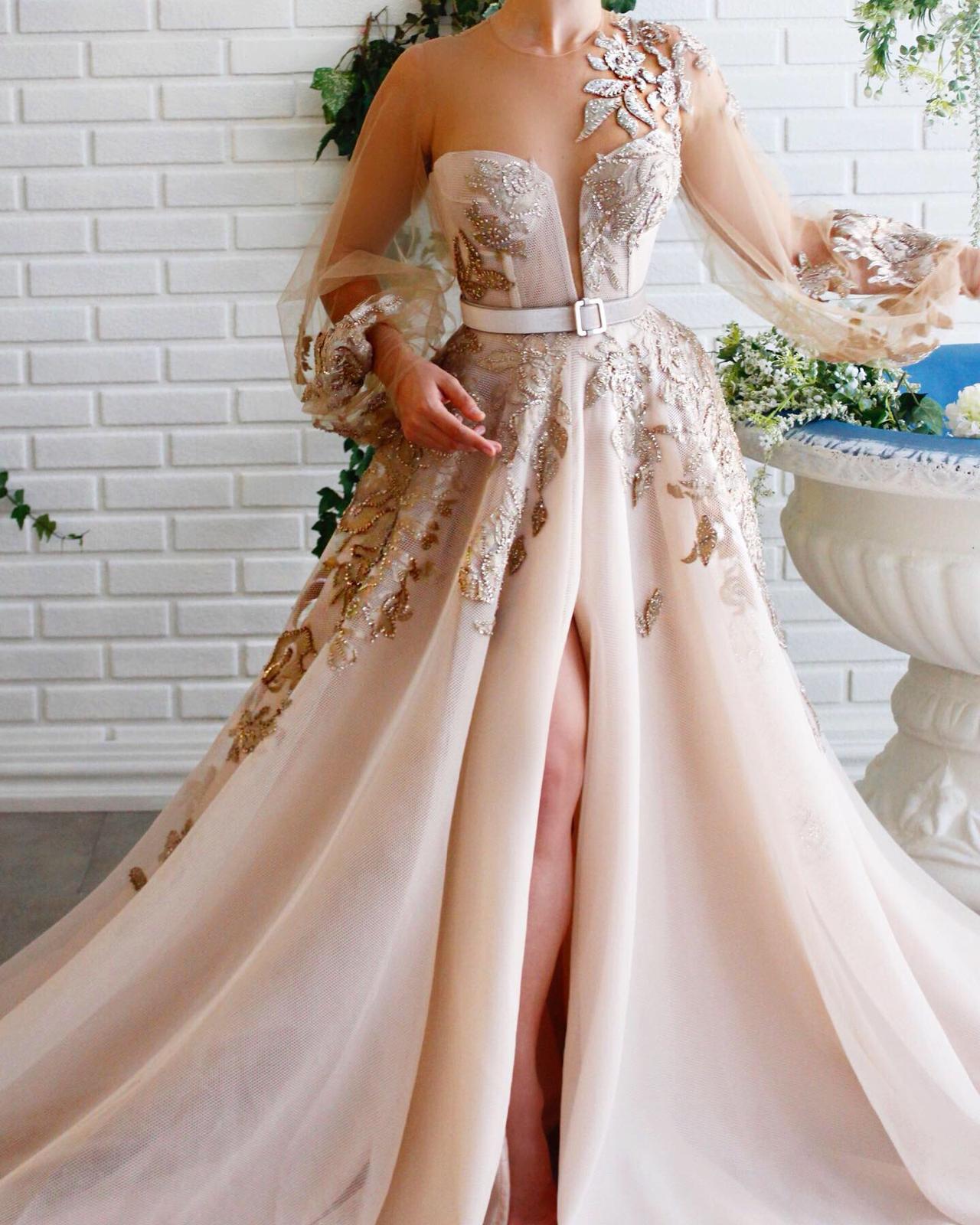 Beige A-Line dress with belt, long sleeves and embroidery