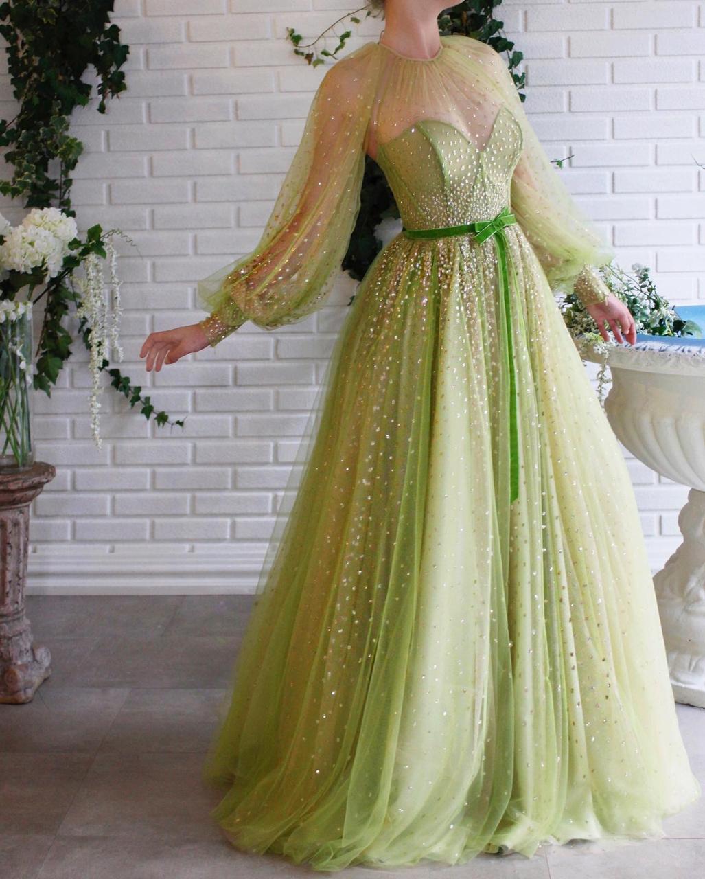 Green A-Line dress with long sleeves