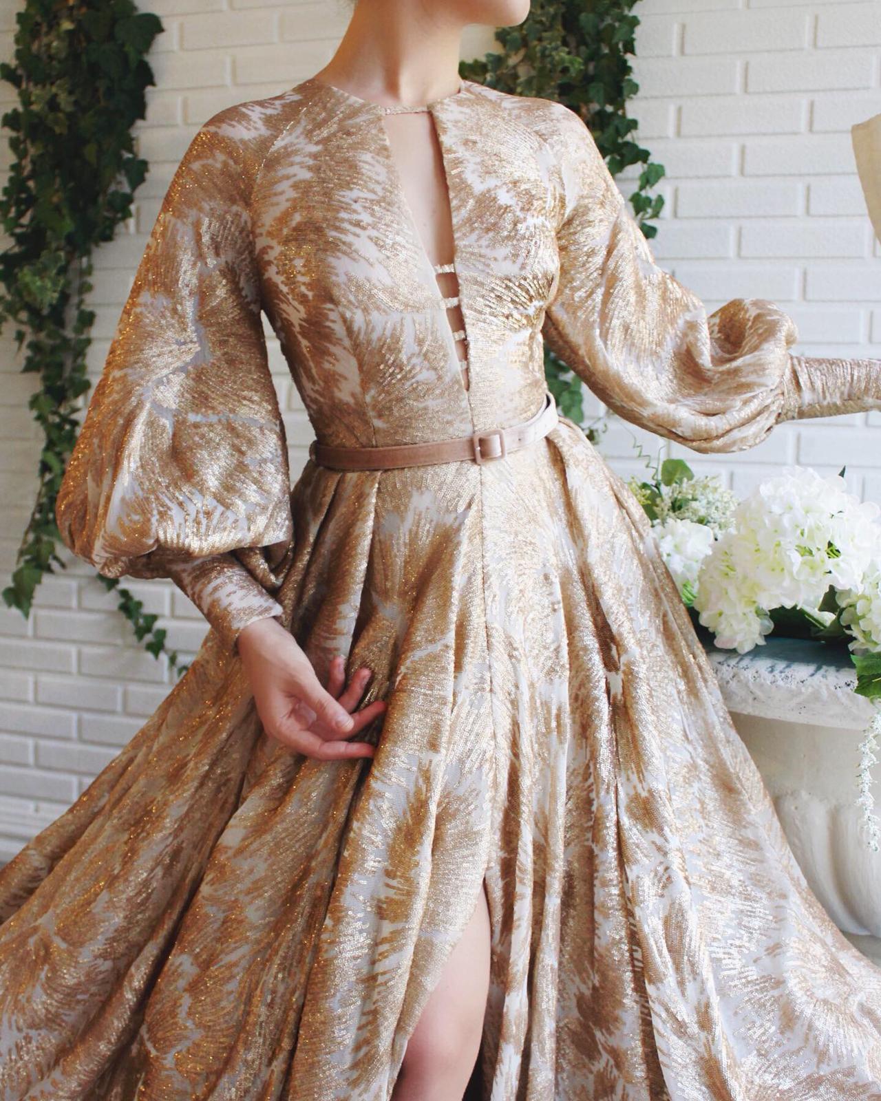 Beige A-Line dress with long sleeves and belt