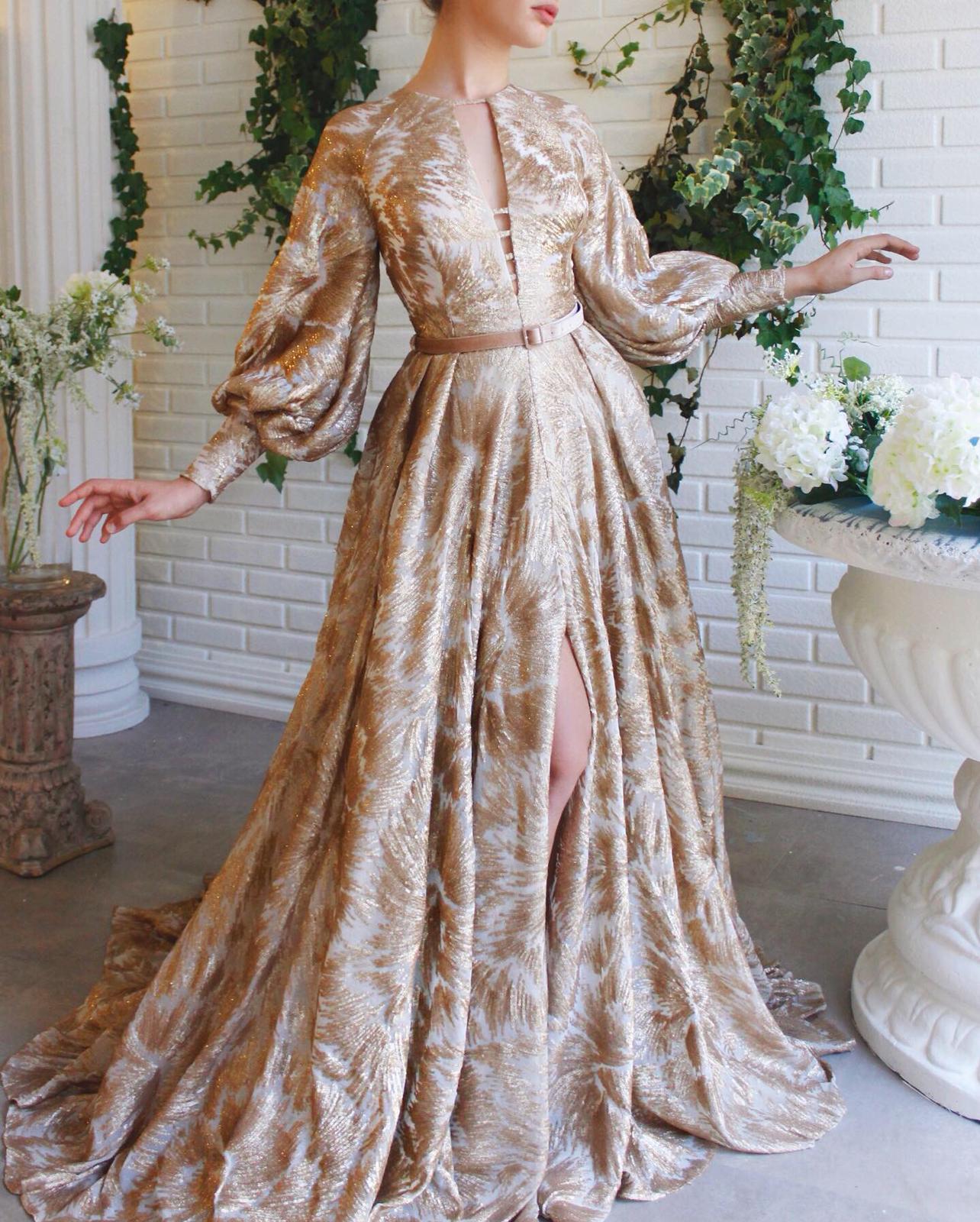 Beige A-Line dress with long sleeves and belt