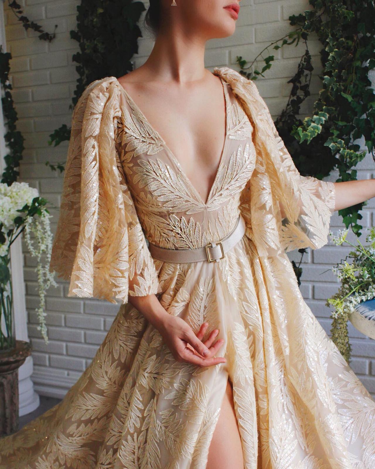 Beige A-Line dress with short sleeves and v-neck