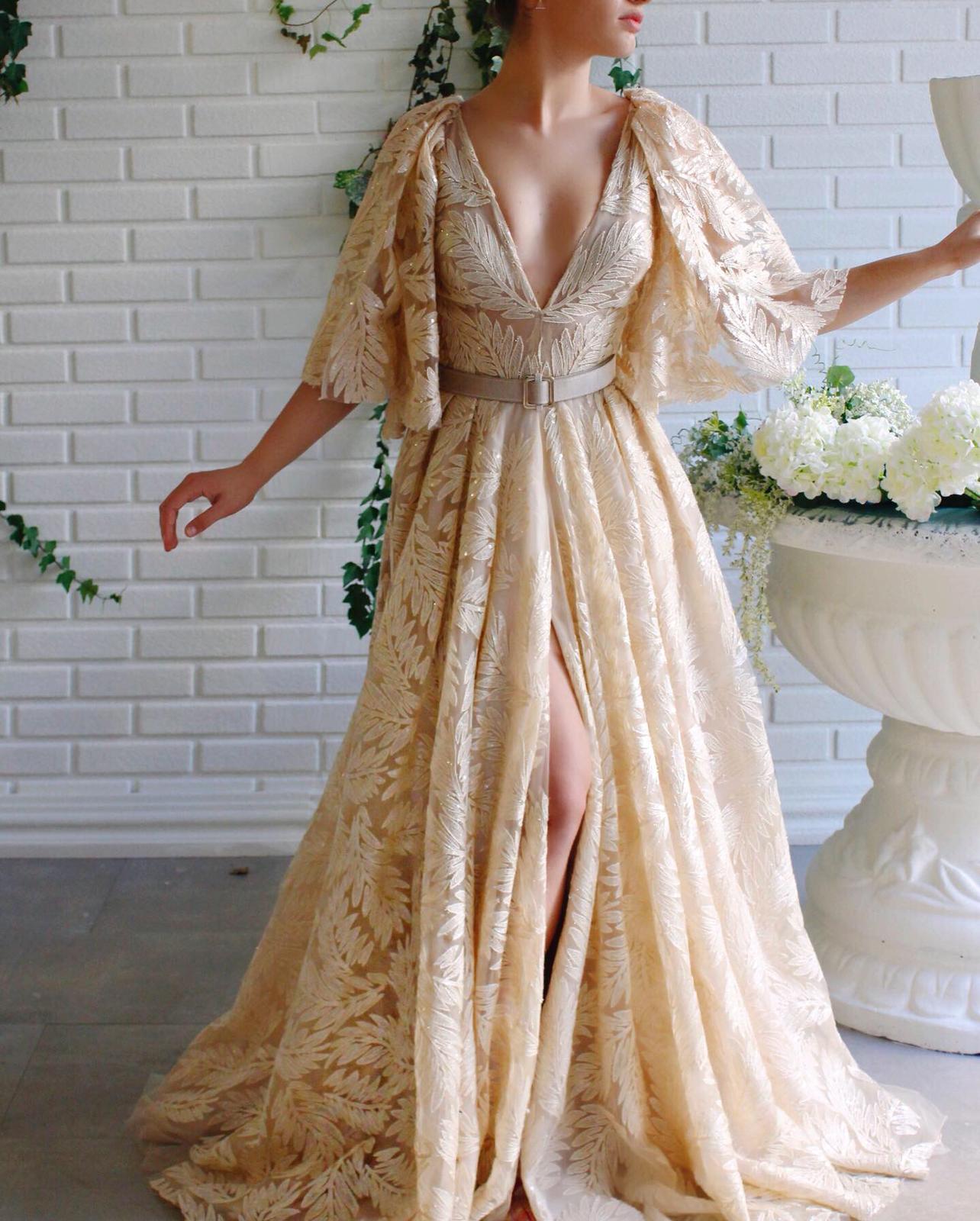 Beige A-Line dress with short sleeves and v-neck