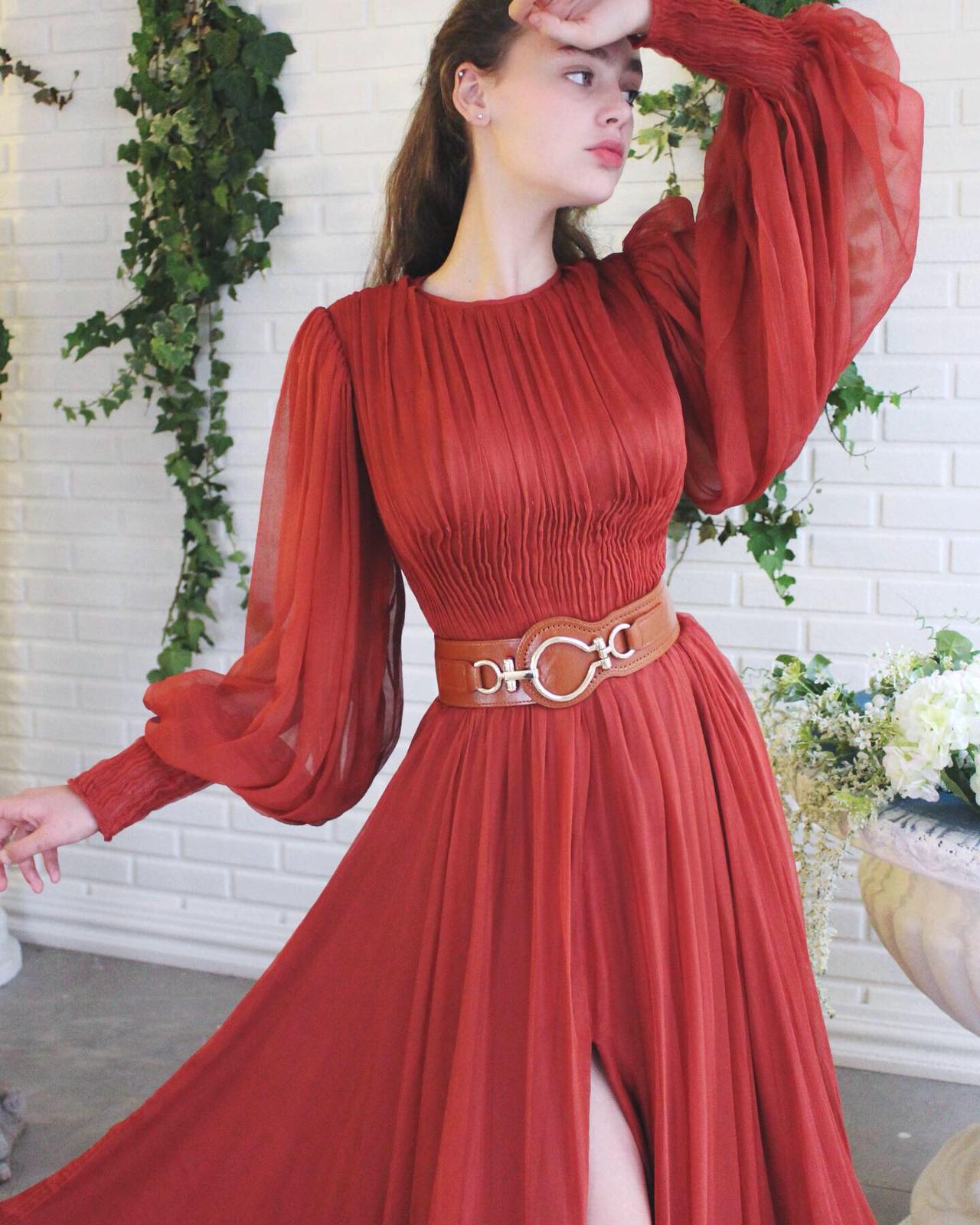 Brown A-Line dress with belt and long sleeves