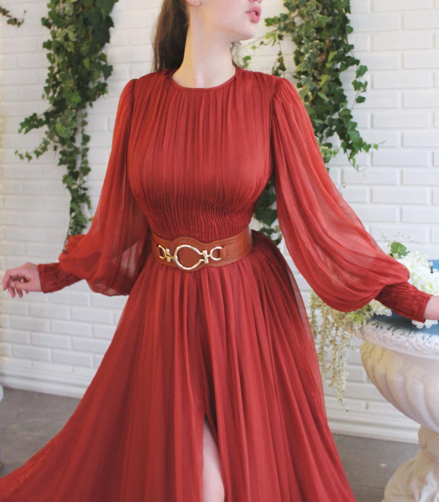 Brown A-Line dress with belt and long sleeves