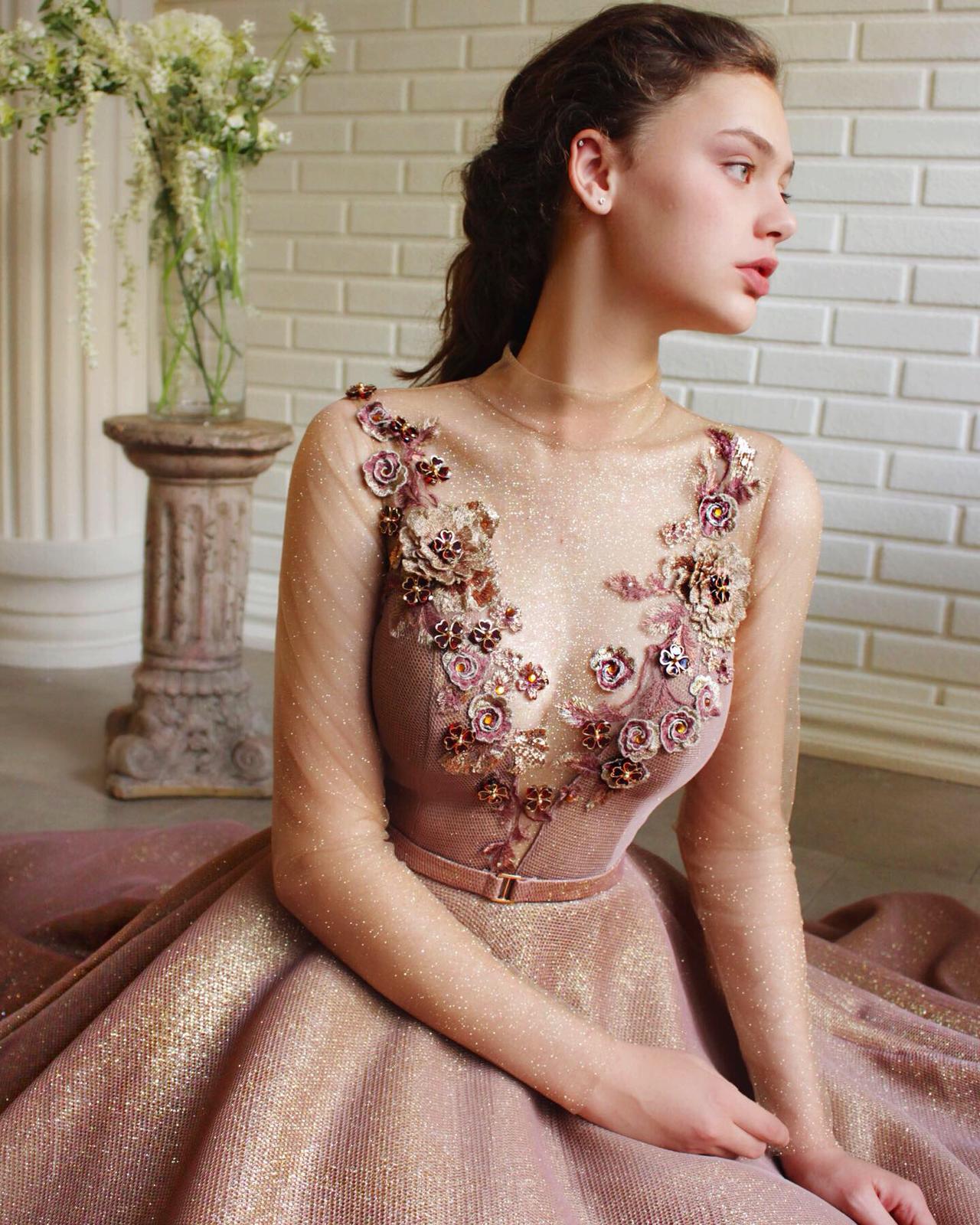 Brown A-Line dress with long sleeves and embroidery