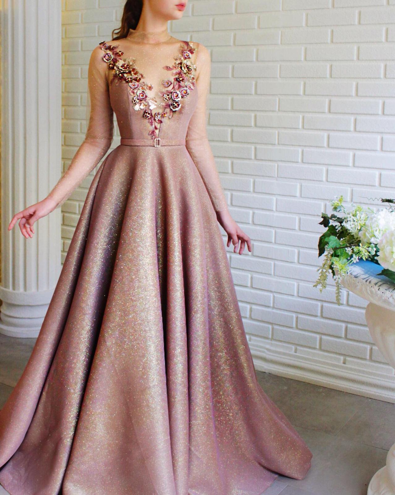 Brown A-Line dress with long sleeves and embroidery