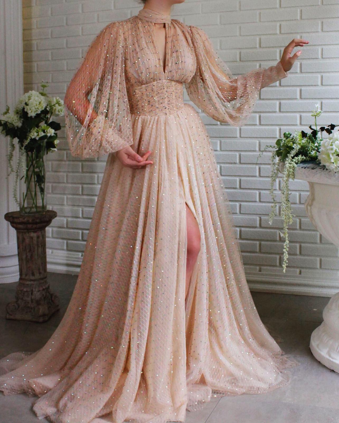 Beige A-Line dress with beading and long sleeves