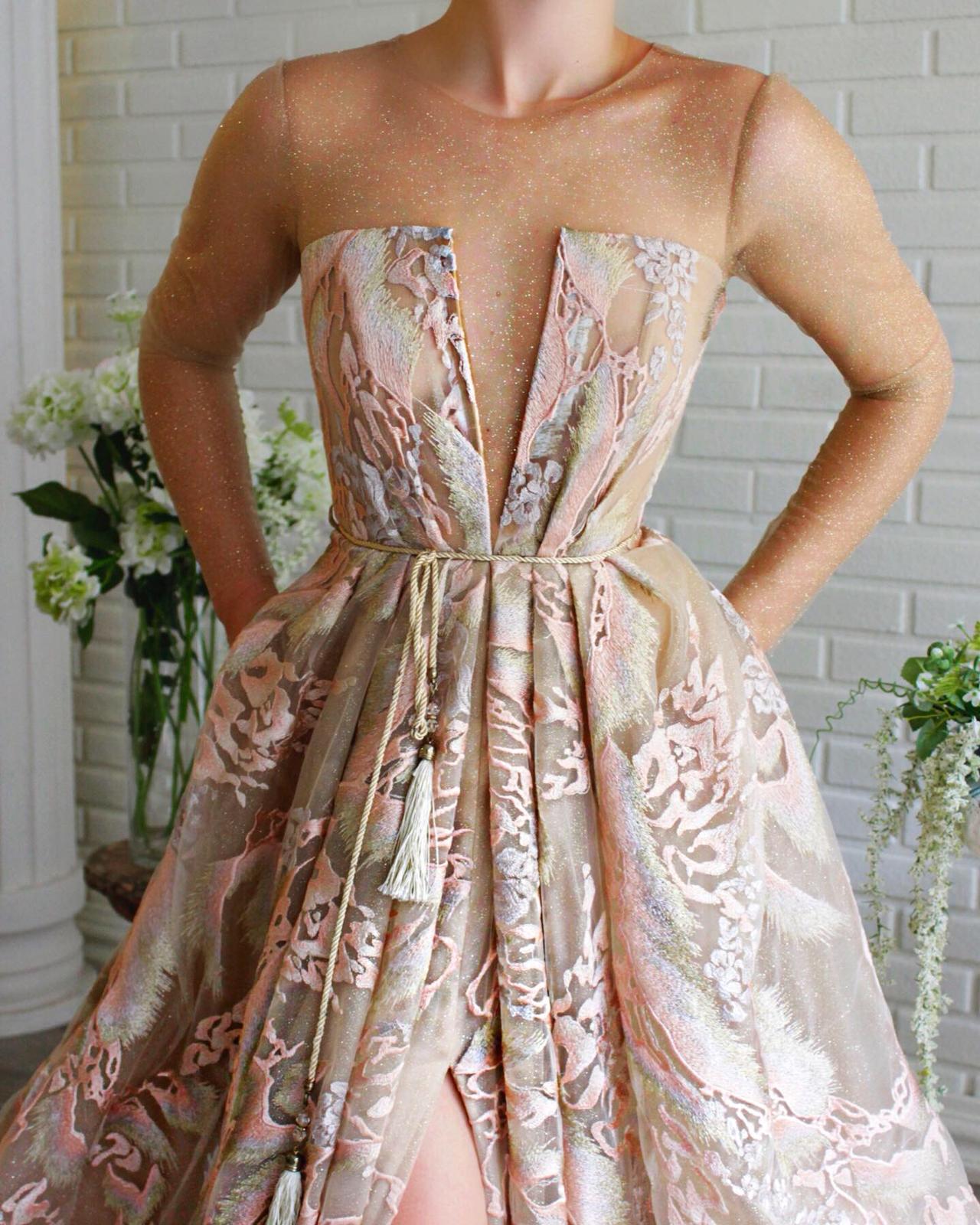Beige A-Line dress with long sleeves