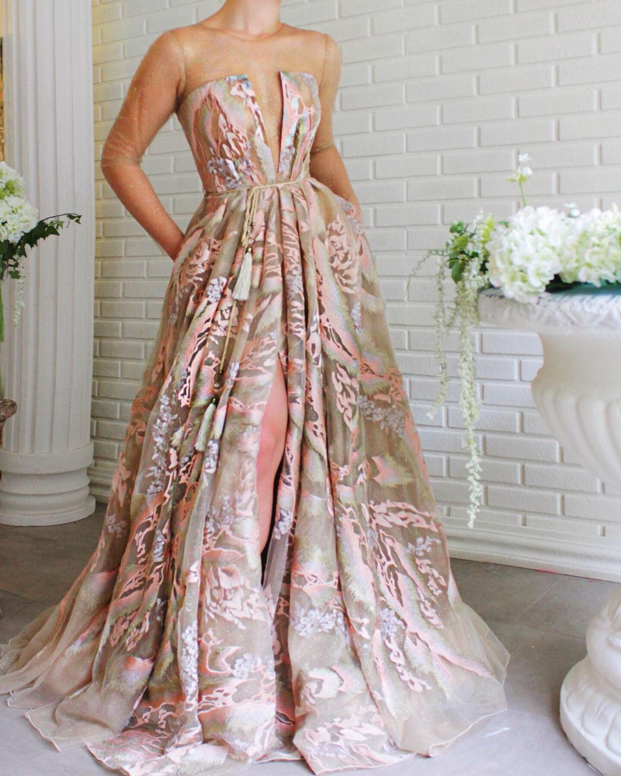 Beige A-Line dress with long sleeves