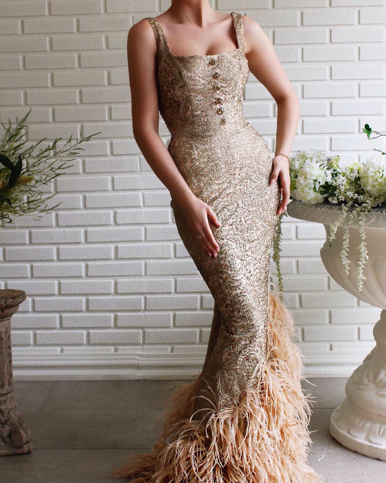 Gold mermaid dress with straps and belt