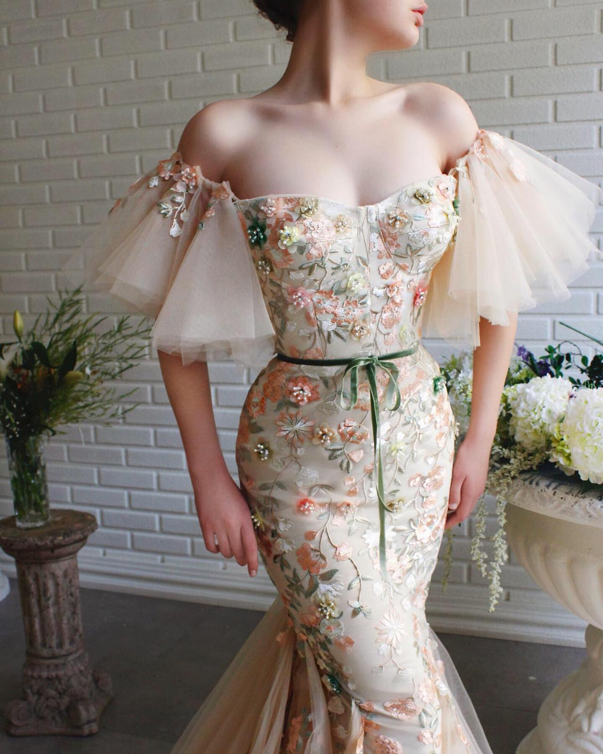 Beige mermaid dress with embroidery and off the shoulder sleeves