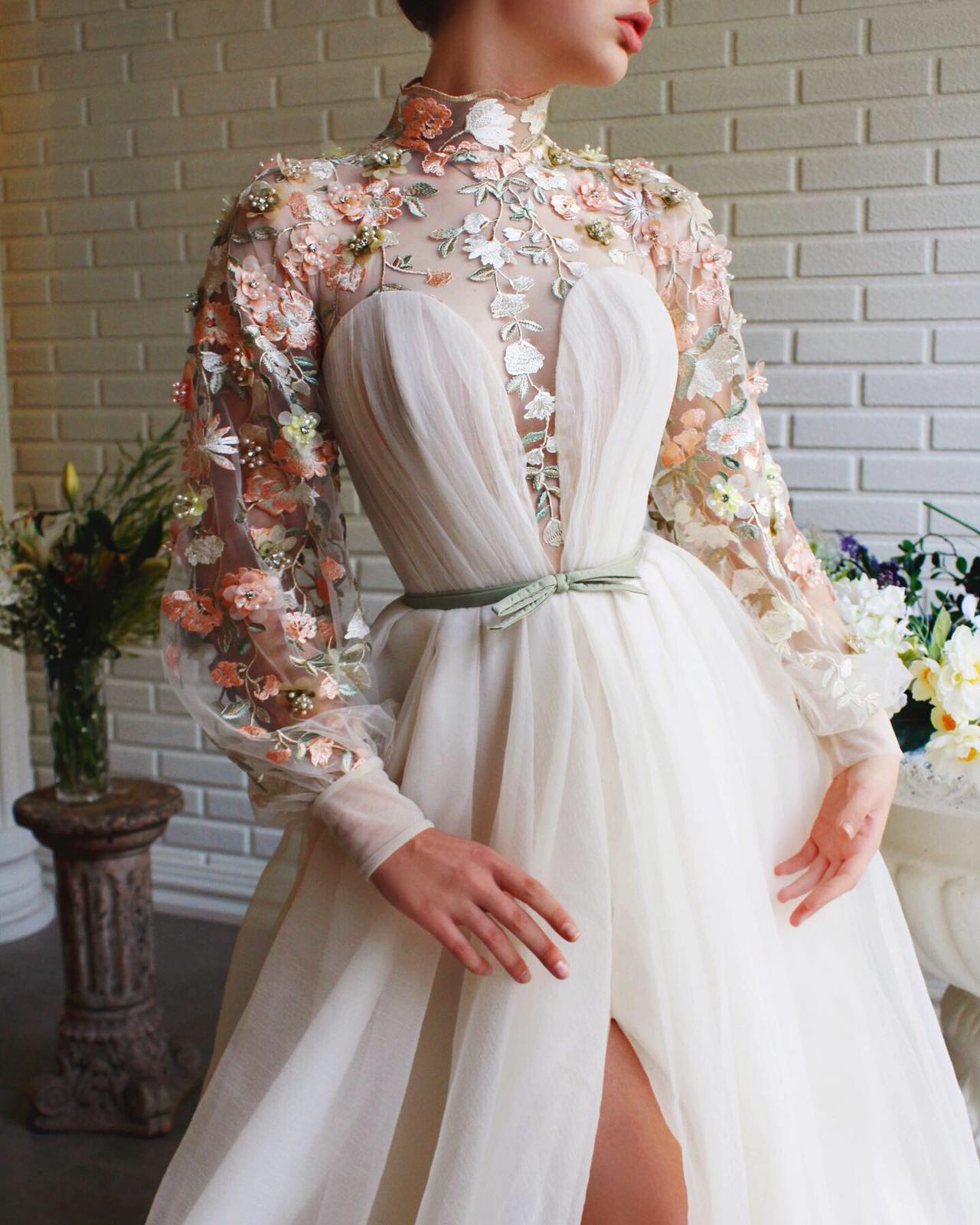 Beige A-Line dress with long sleeves and embroidery