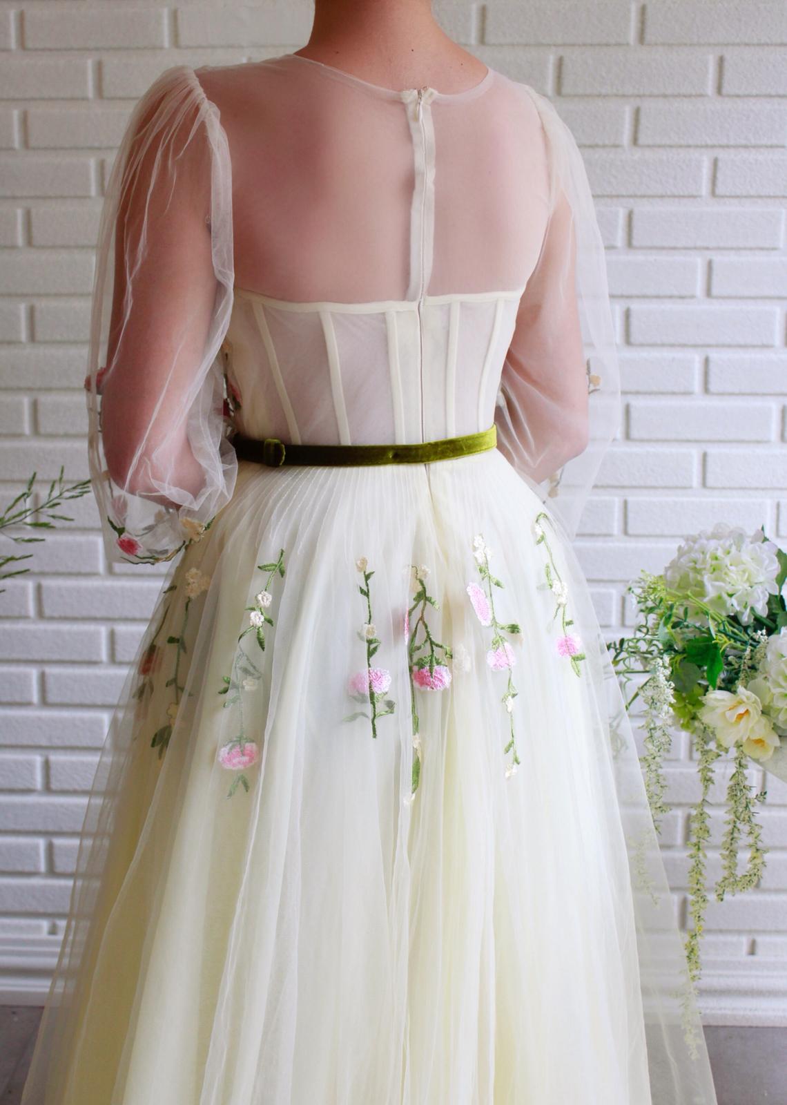 Beige A-Line dress with long sleeves, belt and embroidery