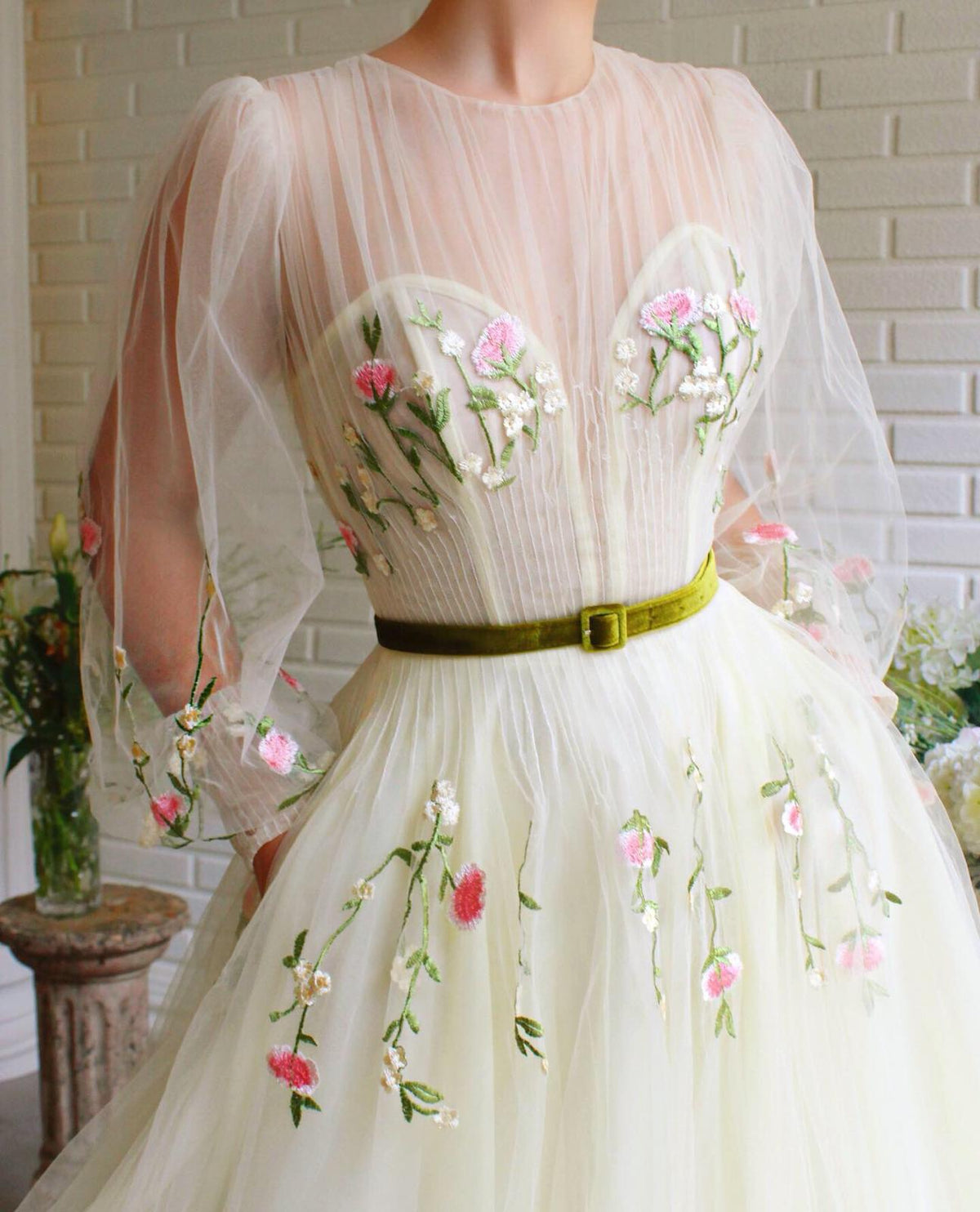 Beige A-Line dress with long sleeves, belt and embroidery