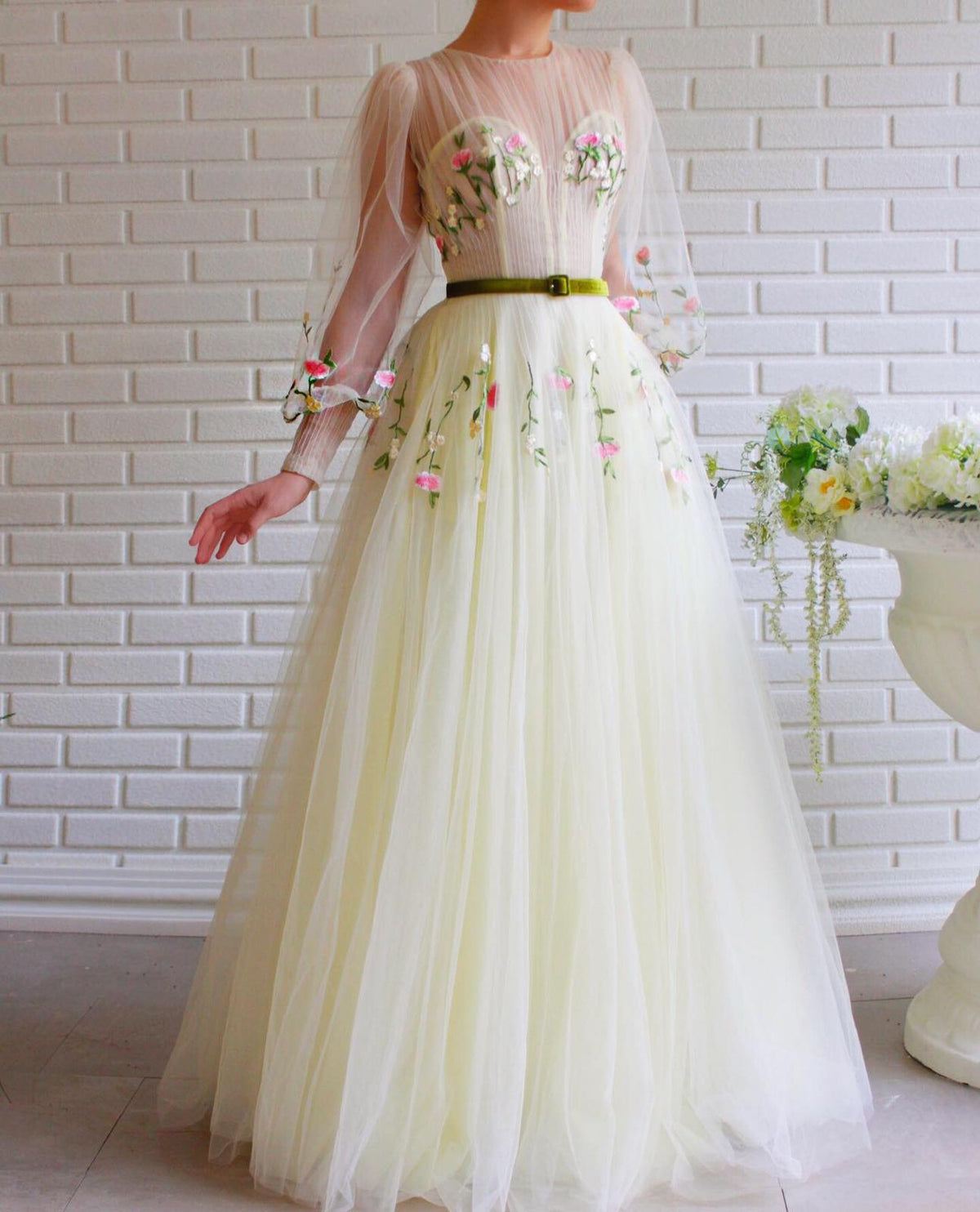 Beige A-Line dress with long sleeves, belt and embroidery