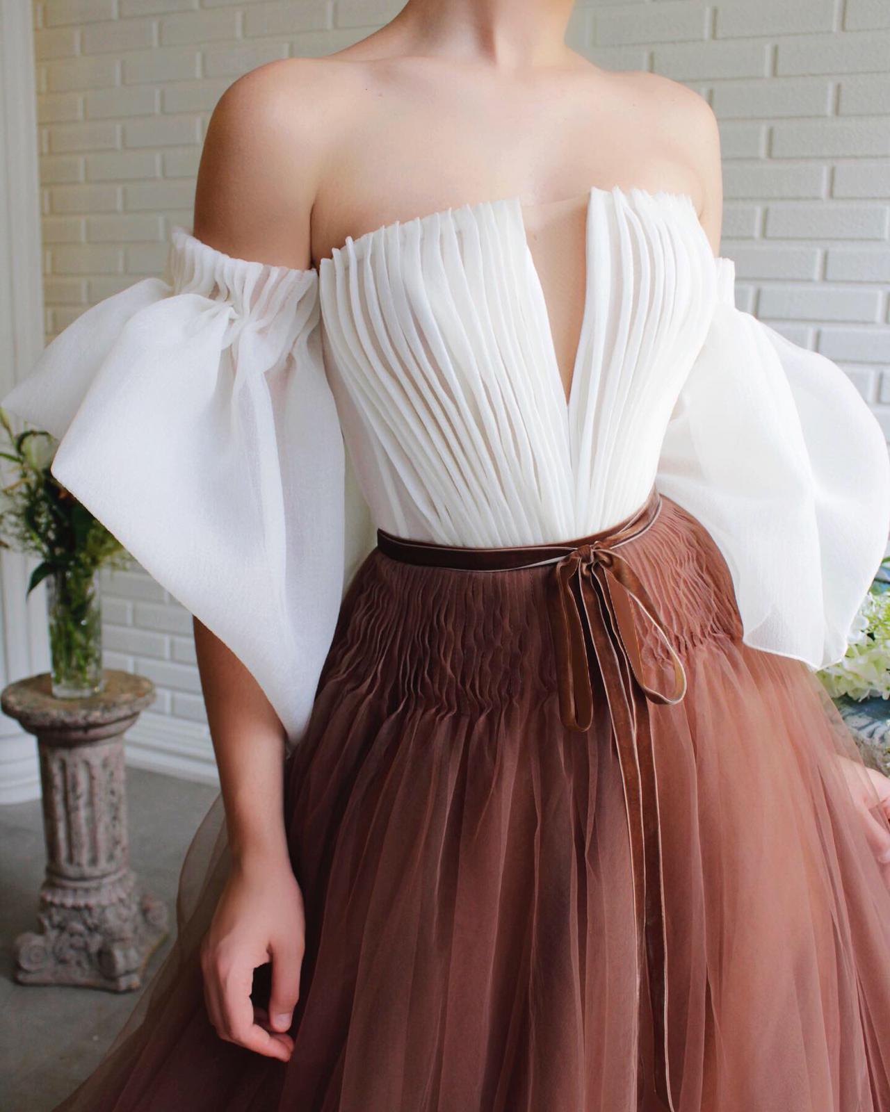 White and brown A-Line dress with off the shoulder sleeves