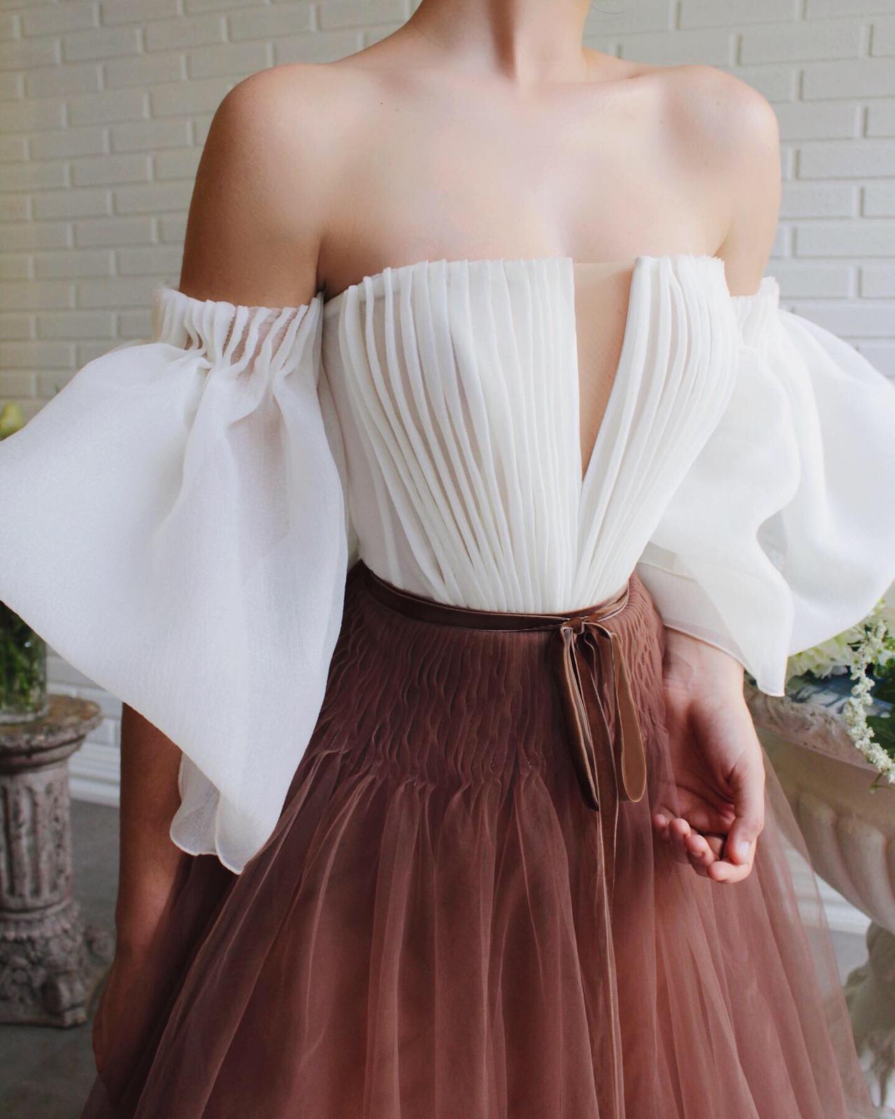White and brown A-Line dress with off the shoulder sleeves