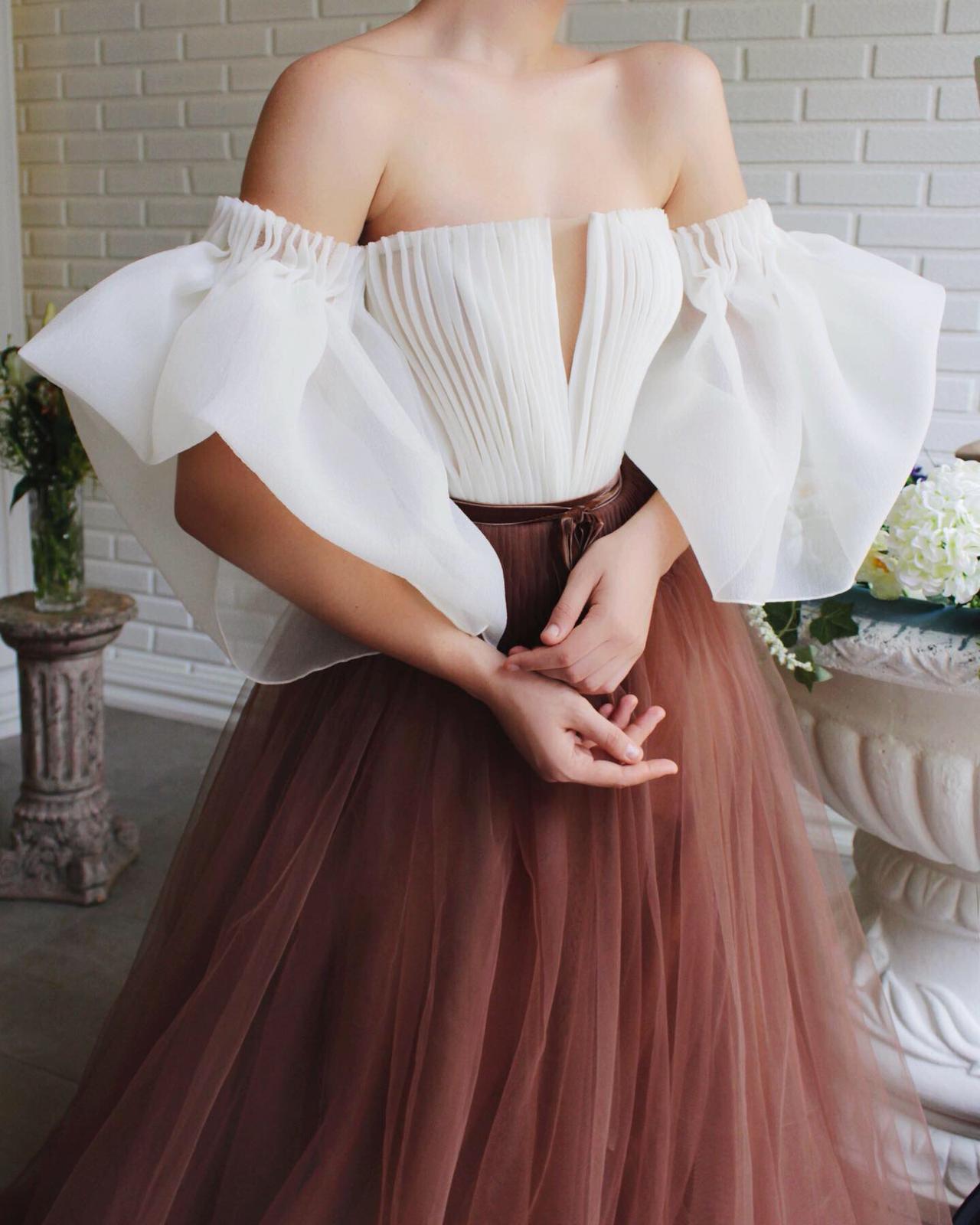 White and brown A-Line dress with off the shoulder sleeves