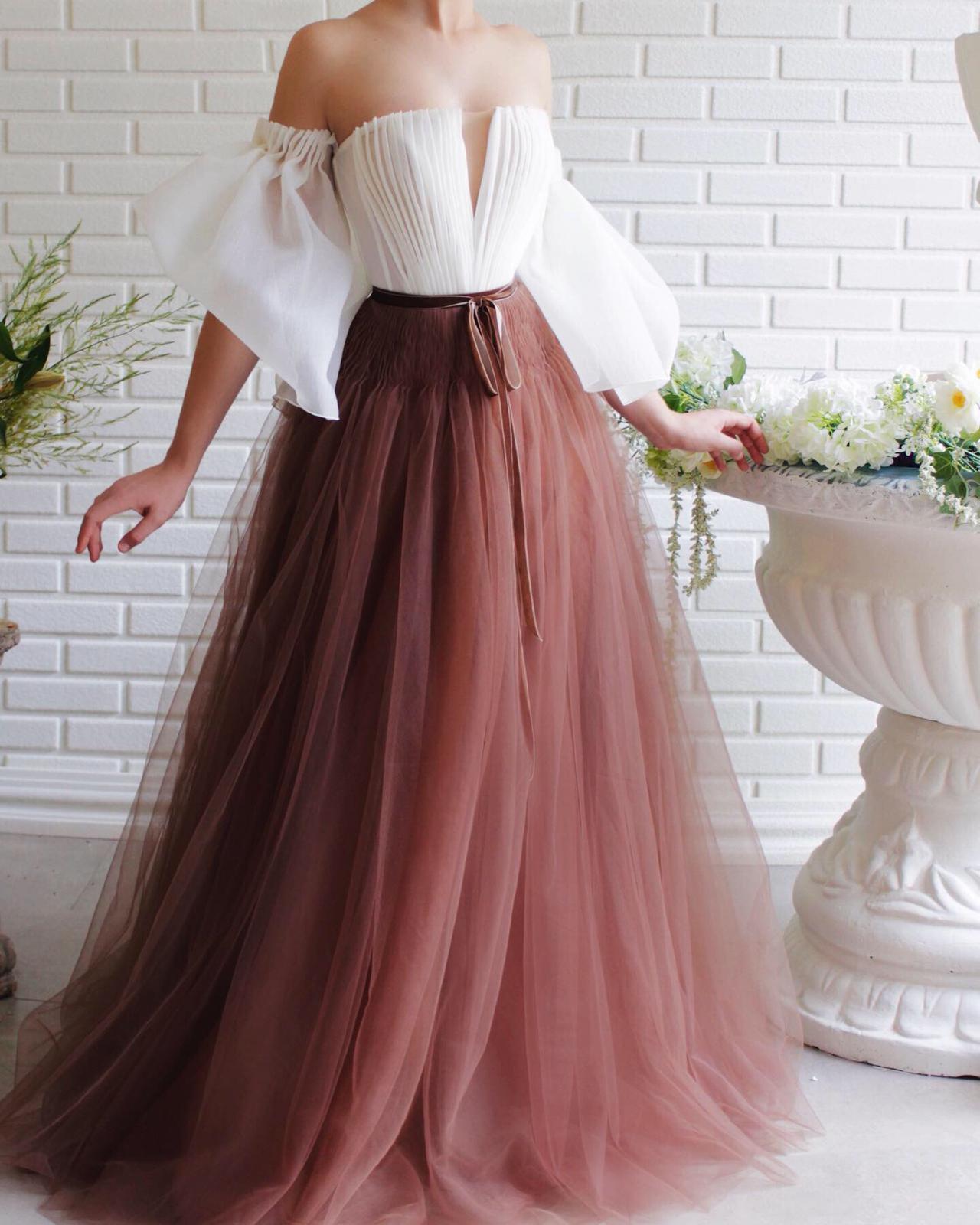 White and brown A-Line dress with off the shoulder sleeves
