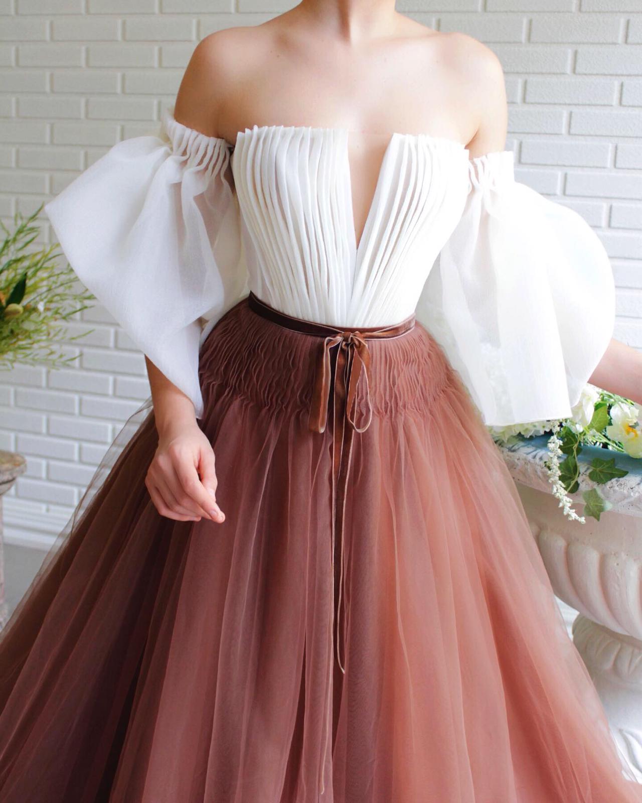 White and brown A-Line dress with off the shoulder sleeves